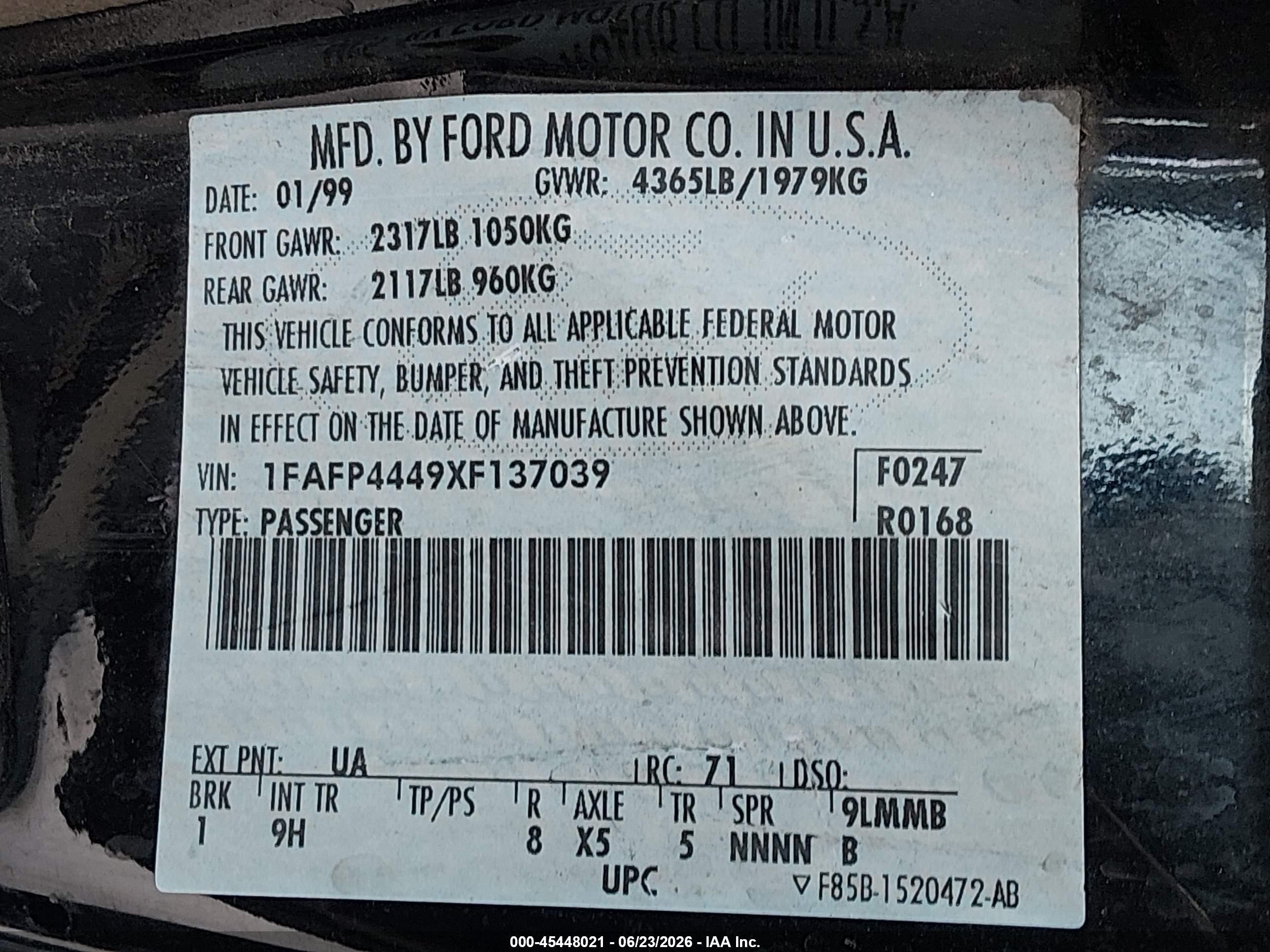 1999 Ford Mustang   Black vin: 1FAFP4449XF137039
