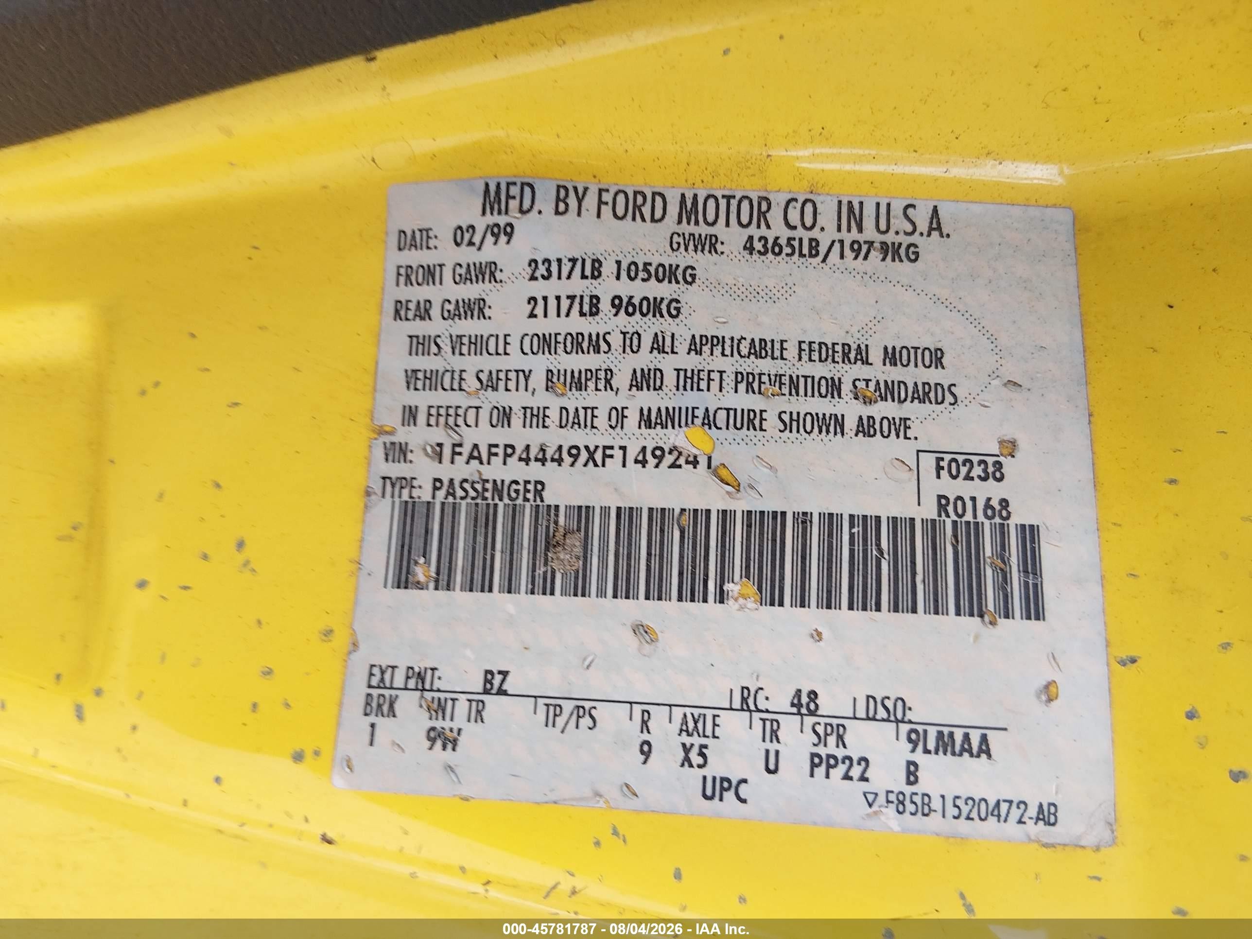 1999 Ford Mustang   Yellow vin: 1FAFP4449XF149241