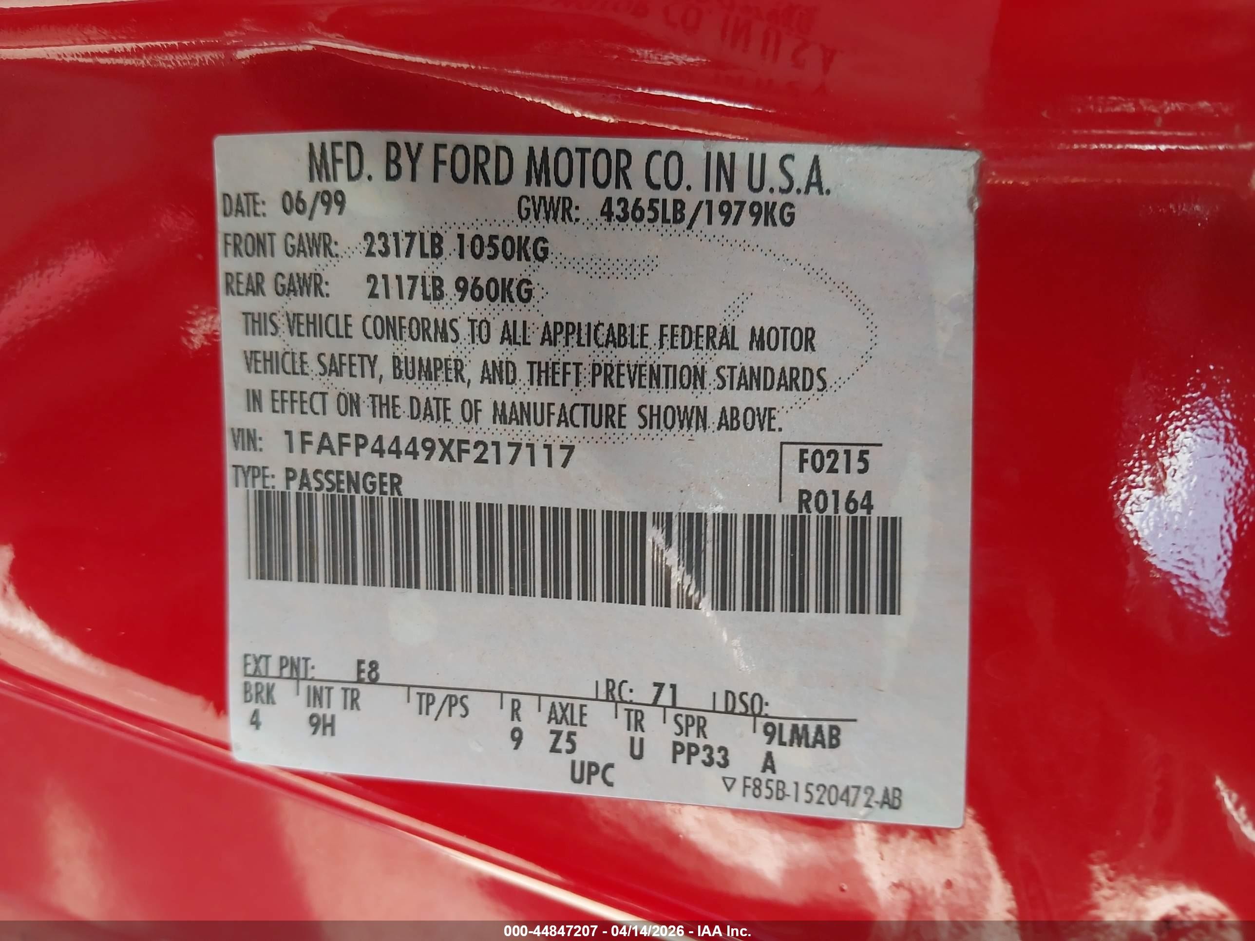 1999 Ford Mustang Красный vin: 1FAFP4449XF217117