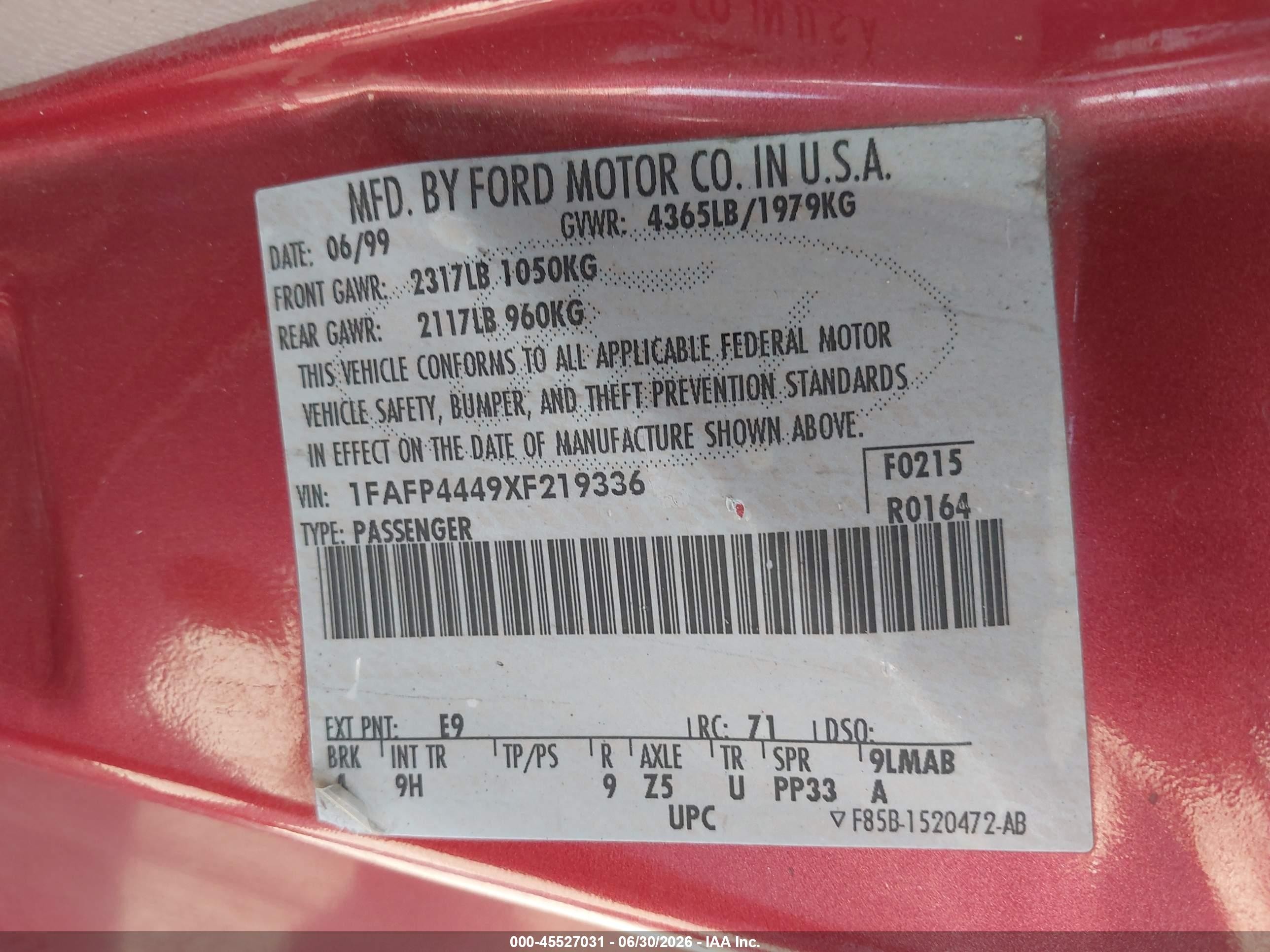 1999 Ford Mustang   Red vin: 1FAFP4449XF219336