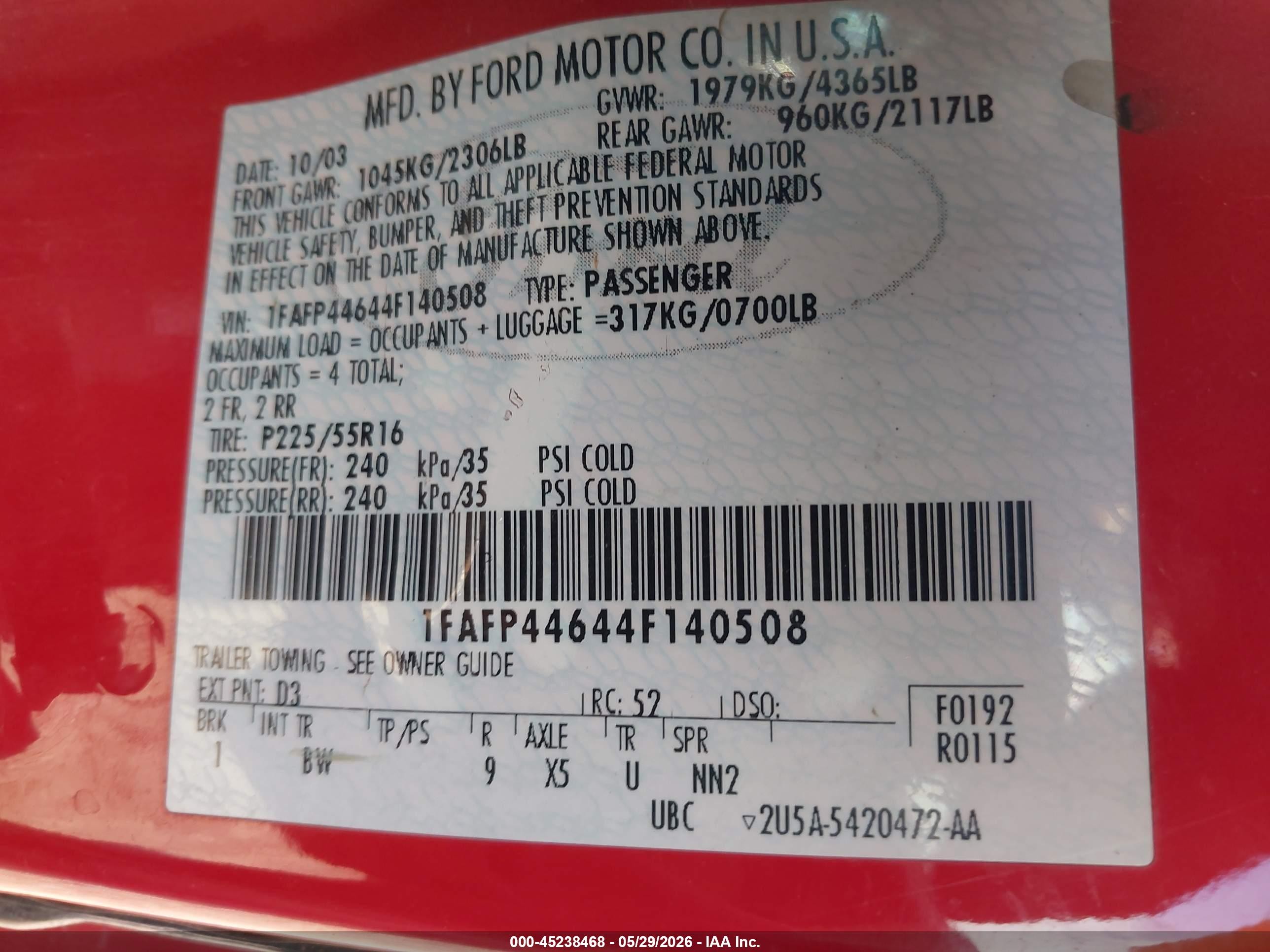 2004 Ford Mustang   Red vin: 1FAFP44644F140508