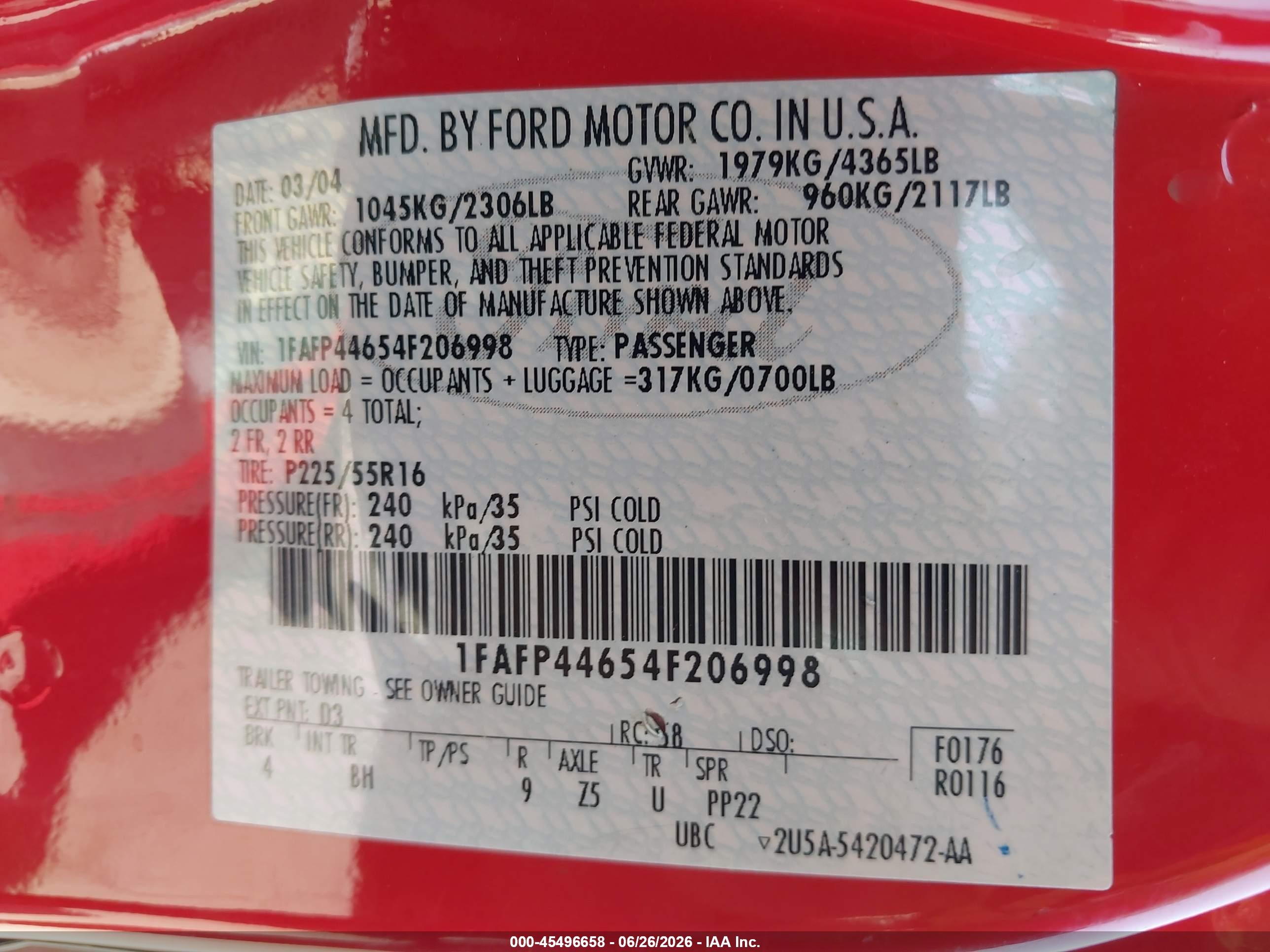 2004 Ford Mustang   Red vin: 1FAFP44654F206998