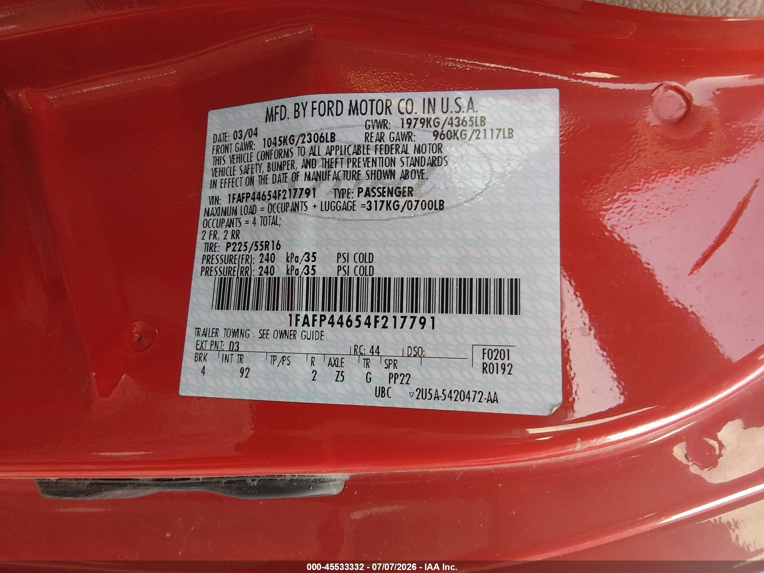 2004 Ford Mustang   Red vin: 1FAFP44654F217791