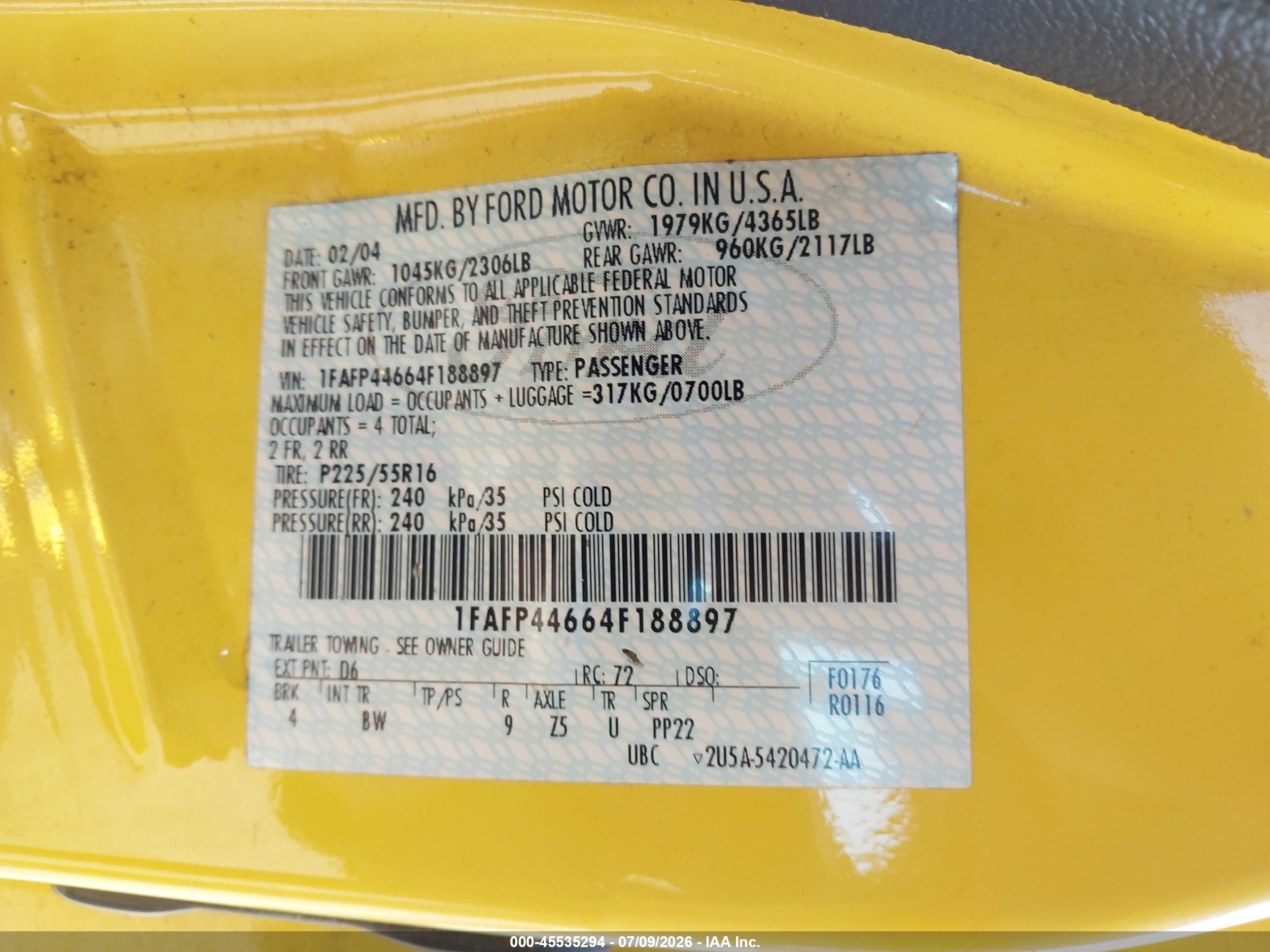 2004 Ford Mustang   Yellow vin: 1FAFP44664F188897