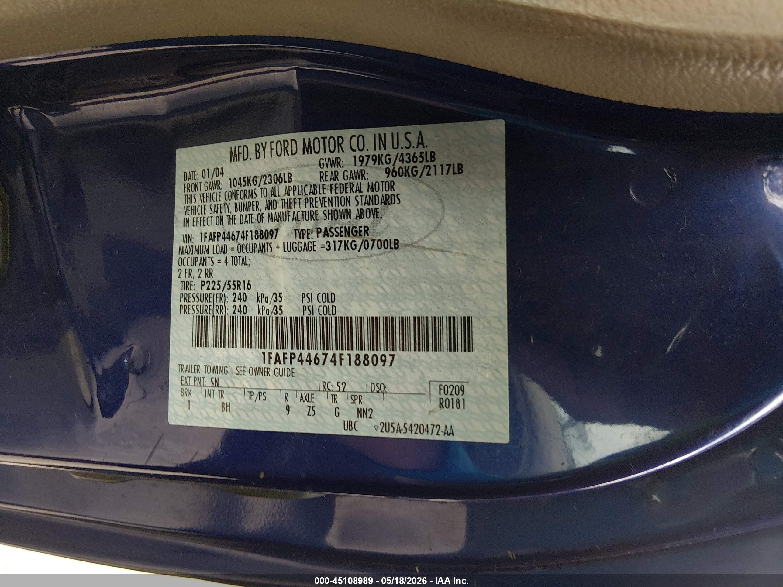 2004 Ford Mustang   Blue vin: 1FAFP44674F188097
