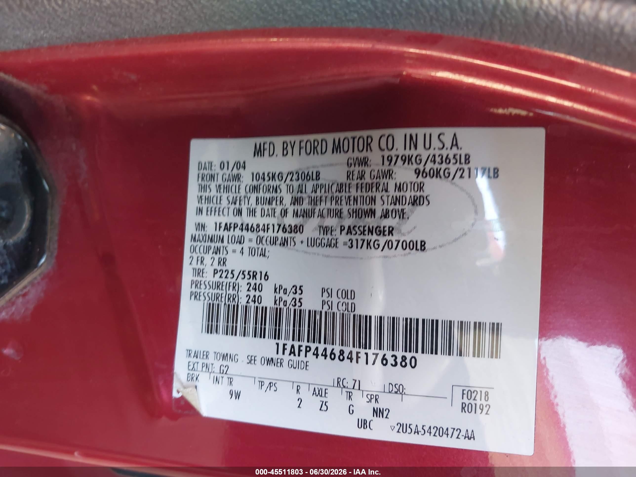 2004 Ford Mustang   Maroon vin: 1FAFP44684F176380