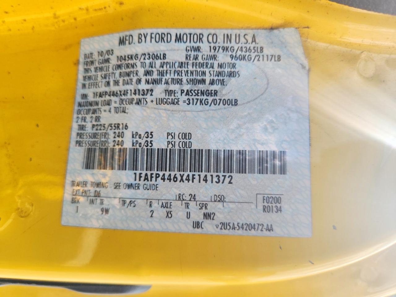 2004 Ford Mustang Yellow vin: 1FAFP446X4F141372