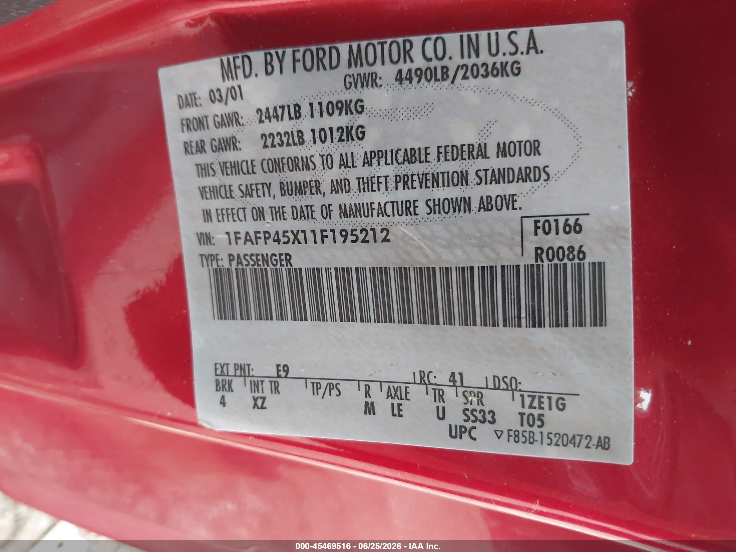 2001 Ford Mustang Gt Red vin: 1FAFP45X11F195212