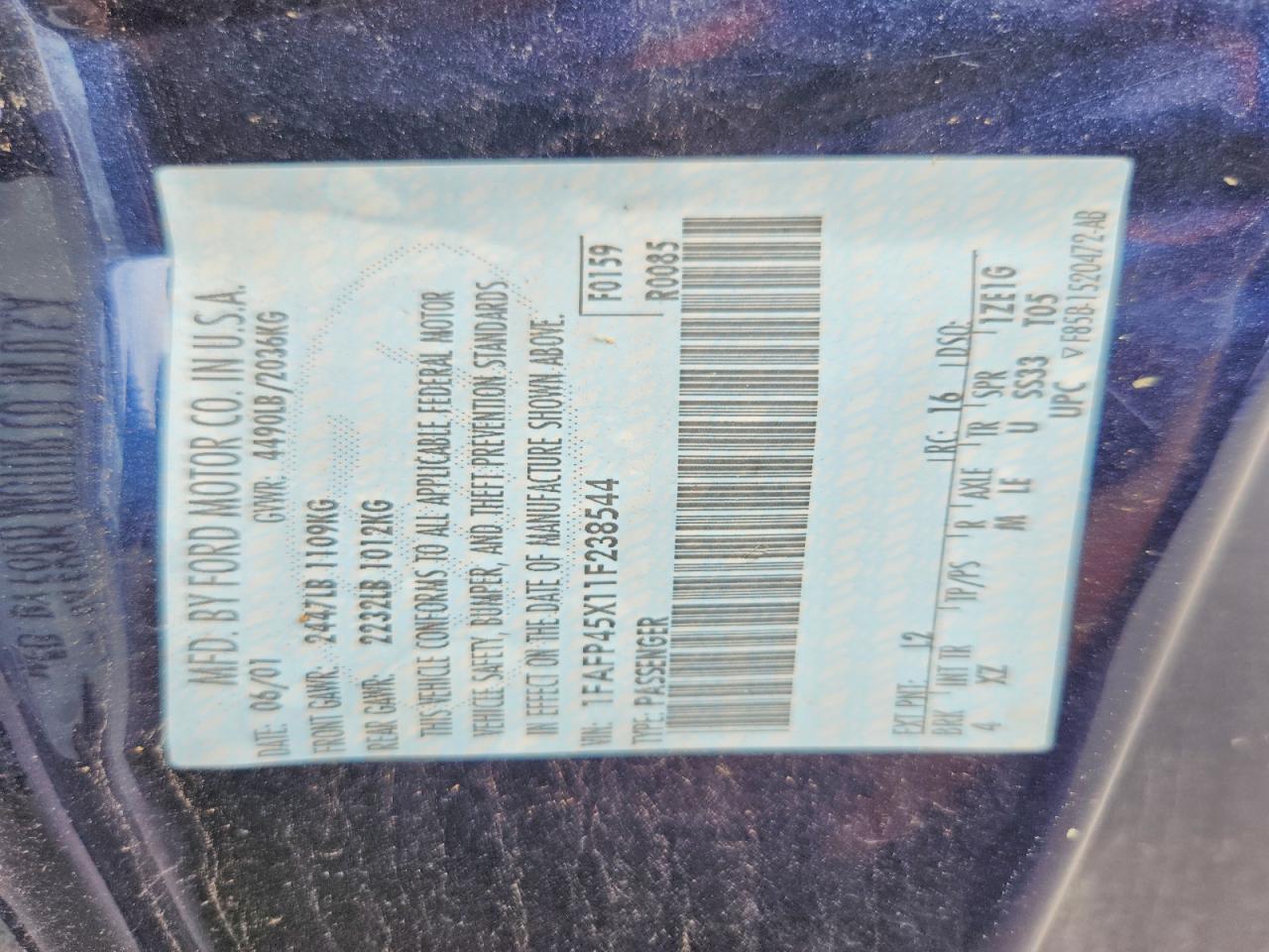 2001 Ford Mustang Gt Blue vin: 1FAFP45X11F238544