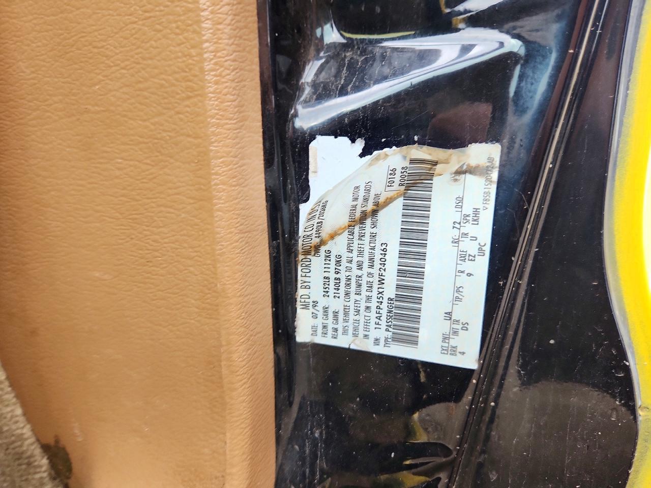 1998 Ford Mustang Gt Yellow vin: 1FAFP45X1WF240463