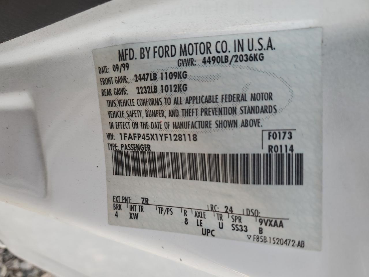 2000 Ford Mustang Gt White vin: 1FAFP45X1YF128118