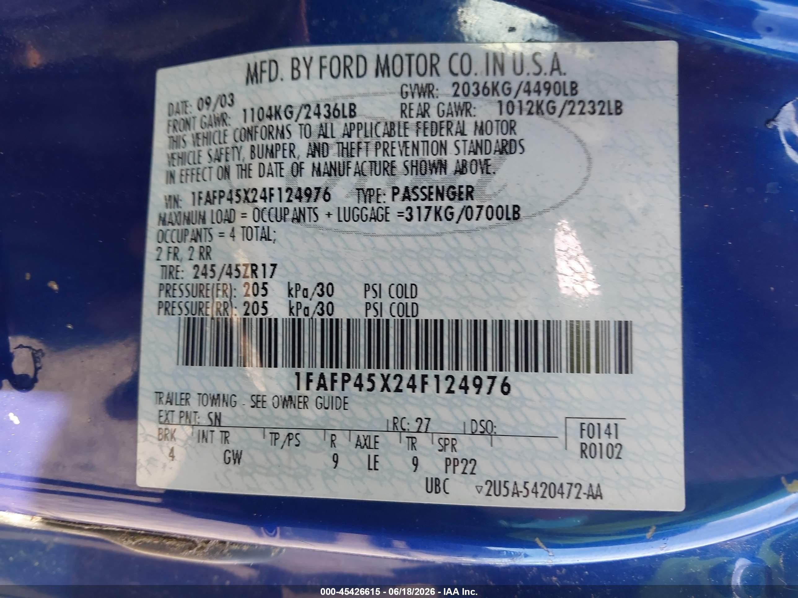 2004 Ford Mustang Gt Blue vin: 1FAFP45X24F124976