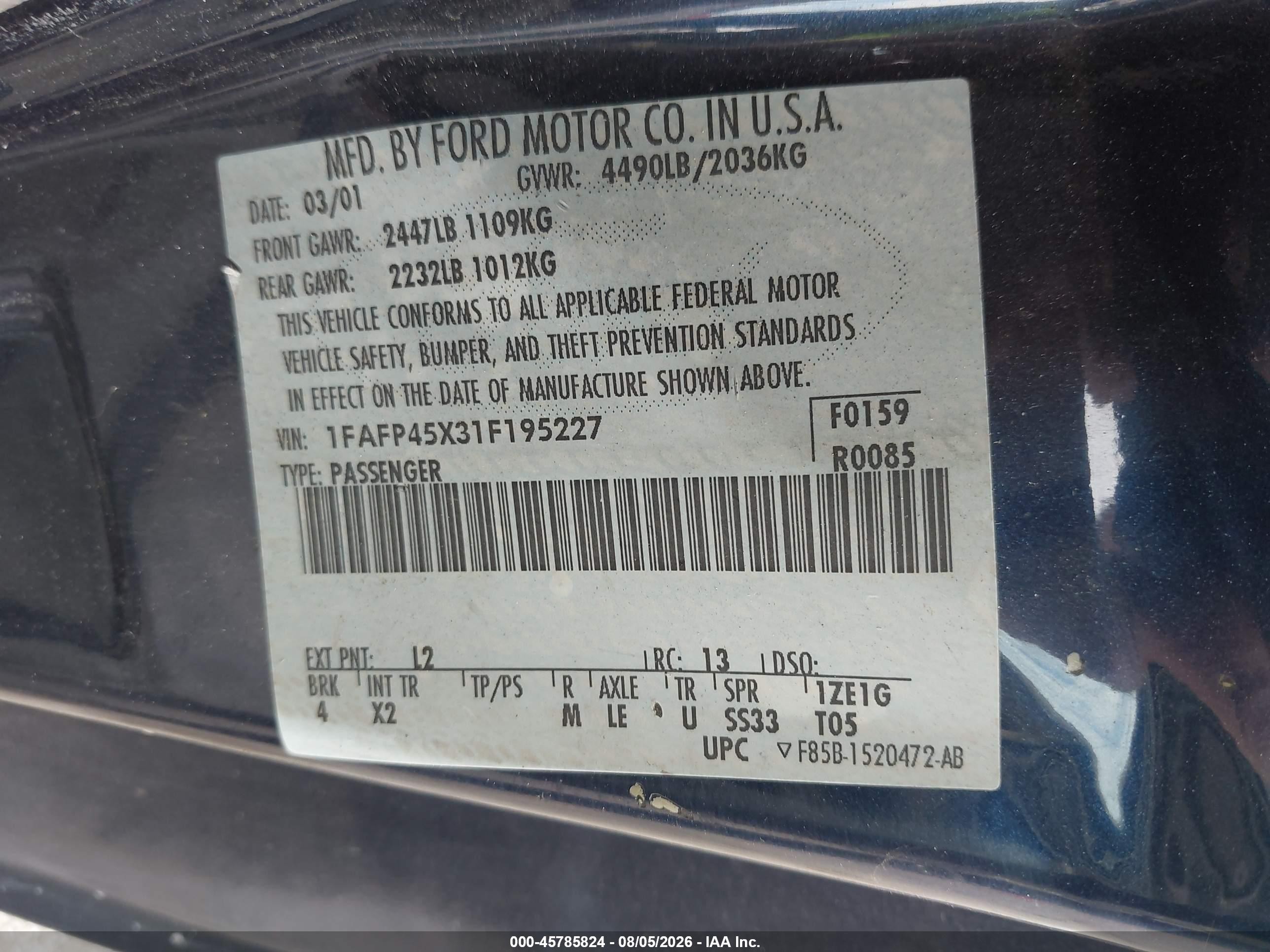 2001 Ford Mustang Gt Dark Blue vin: 1FAFP45X31F195227