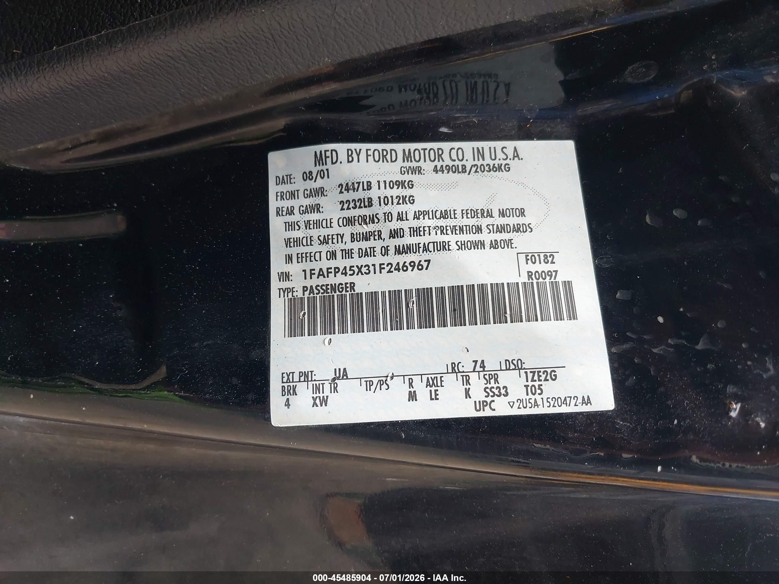 2001 Ford Mustang Gt Black vin: 1FAFP45X31F246967