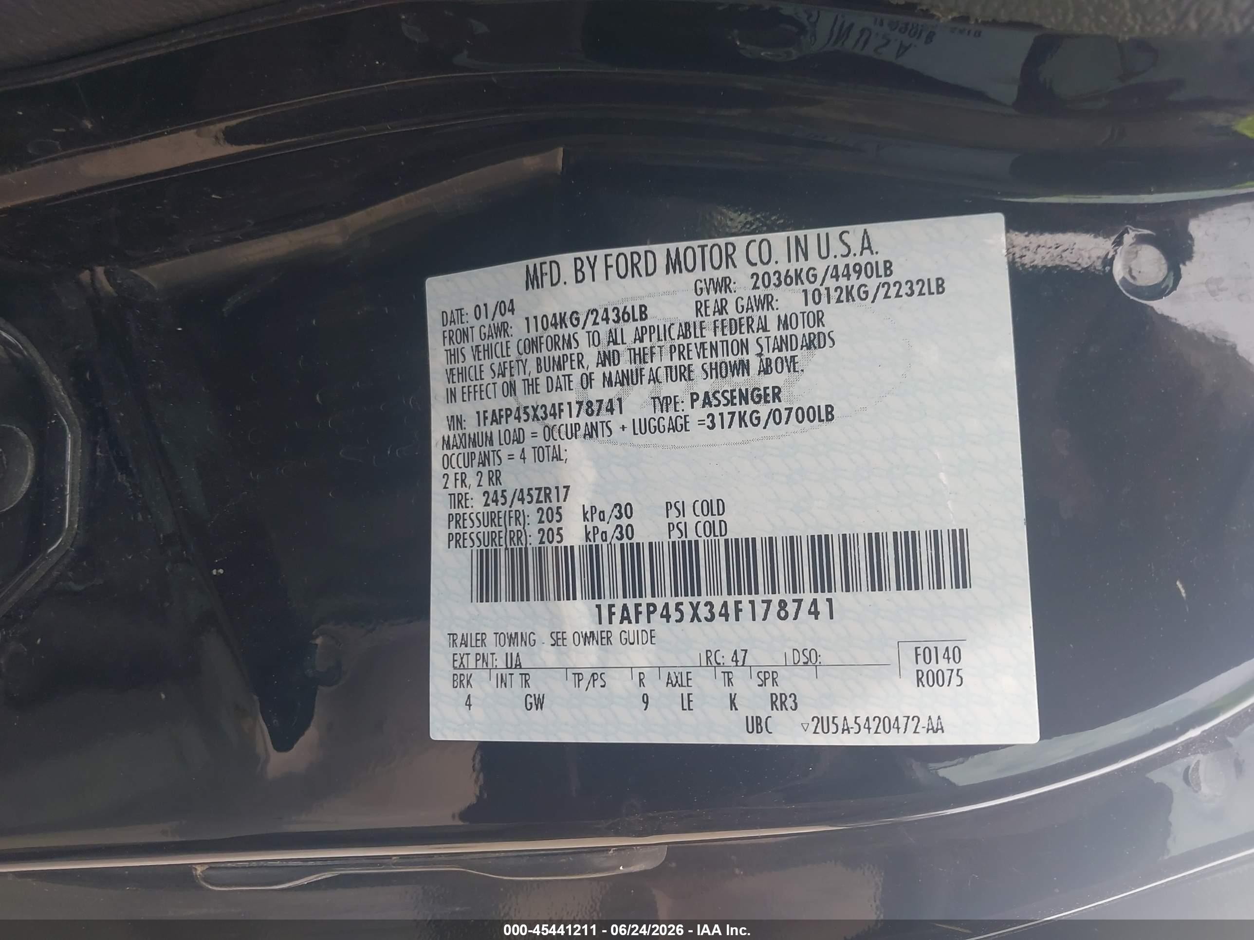 2004 Ford Mustang Gt Черный vin: 1FAFP45X34F178741