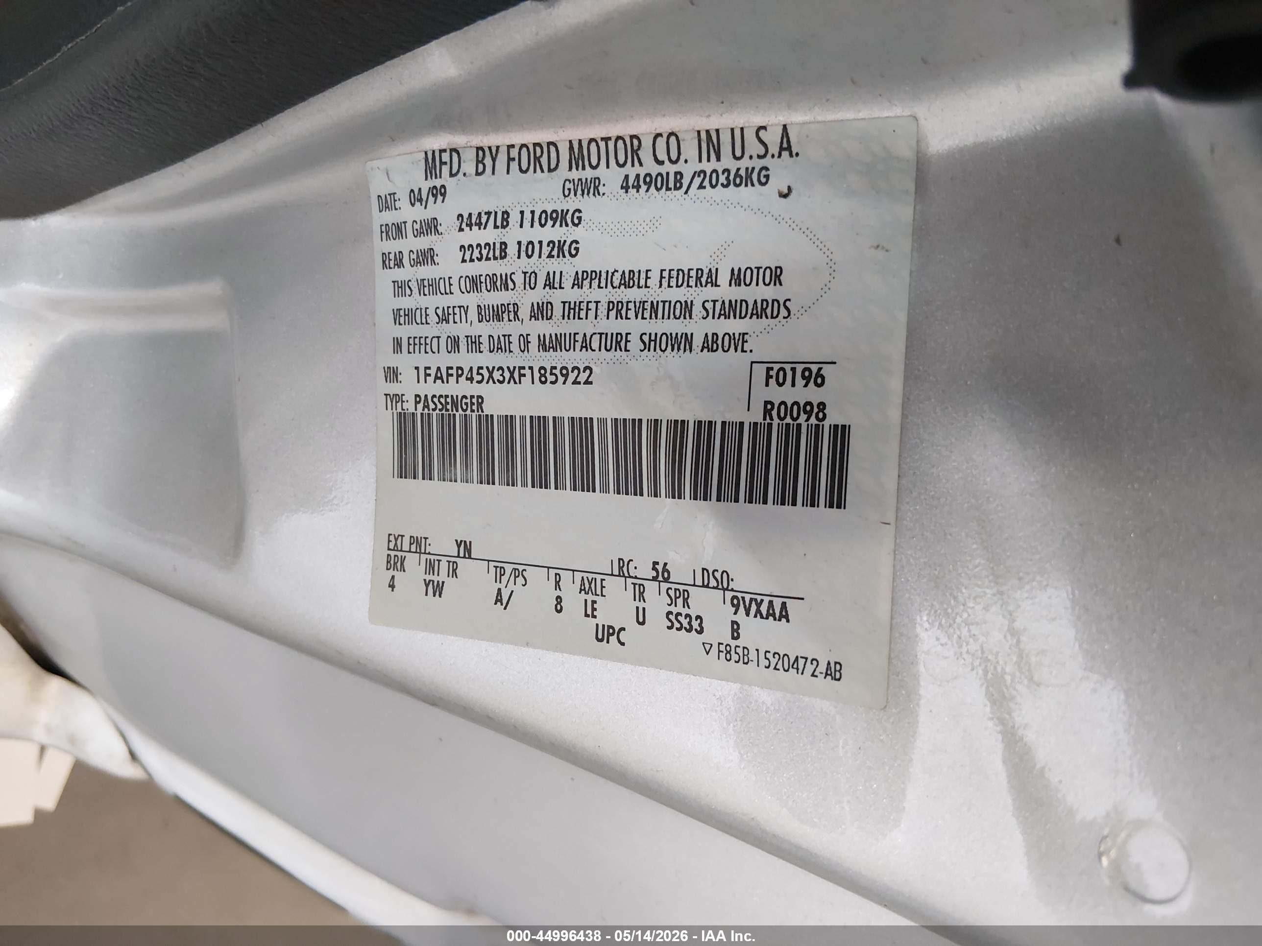 1999 Ford Mustang Gt Silver vin: 1FAFP45X3XF185922