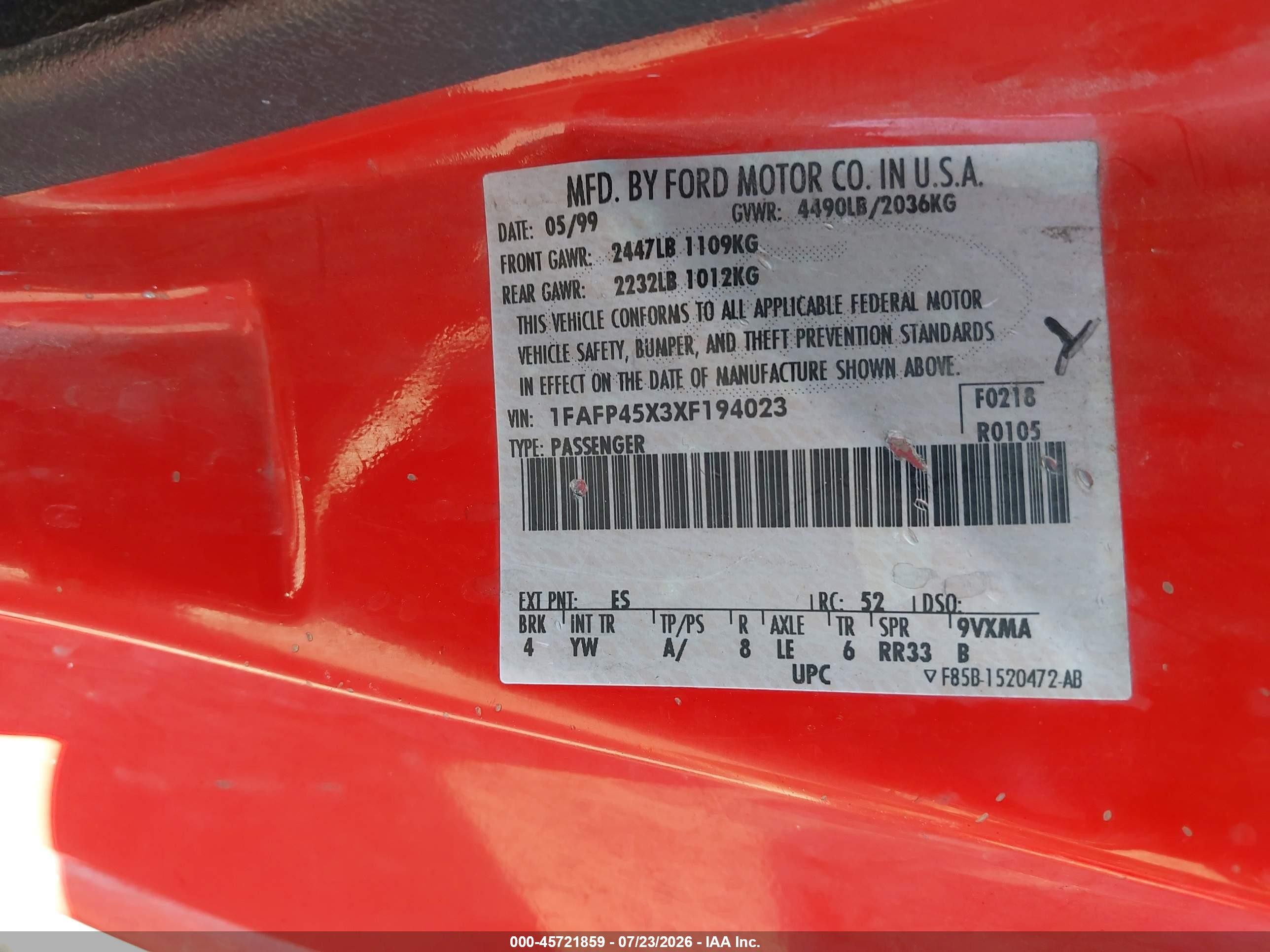 1999 Ford Mustang Gt Red vin: 1FAFP45X3XF194023