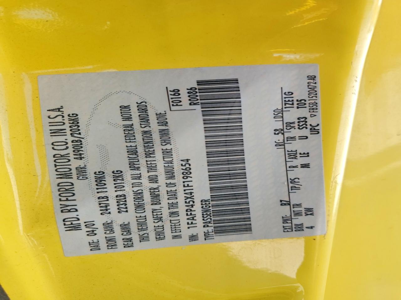 2001 Ford Mustang Gt Yellow vin: 1FAFP45X41F198654