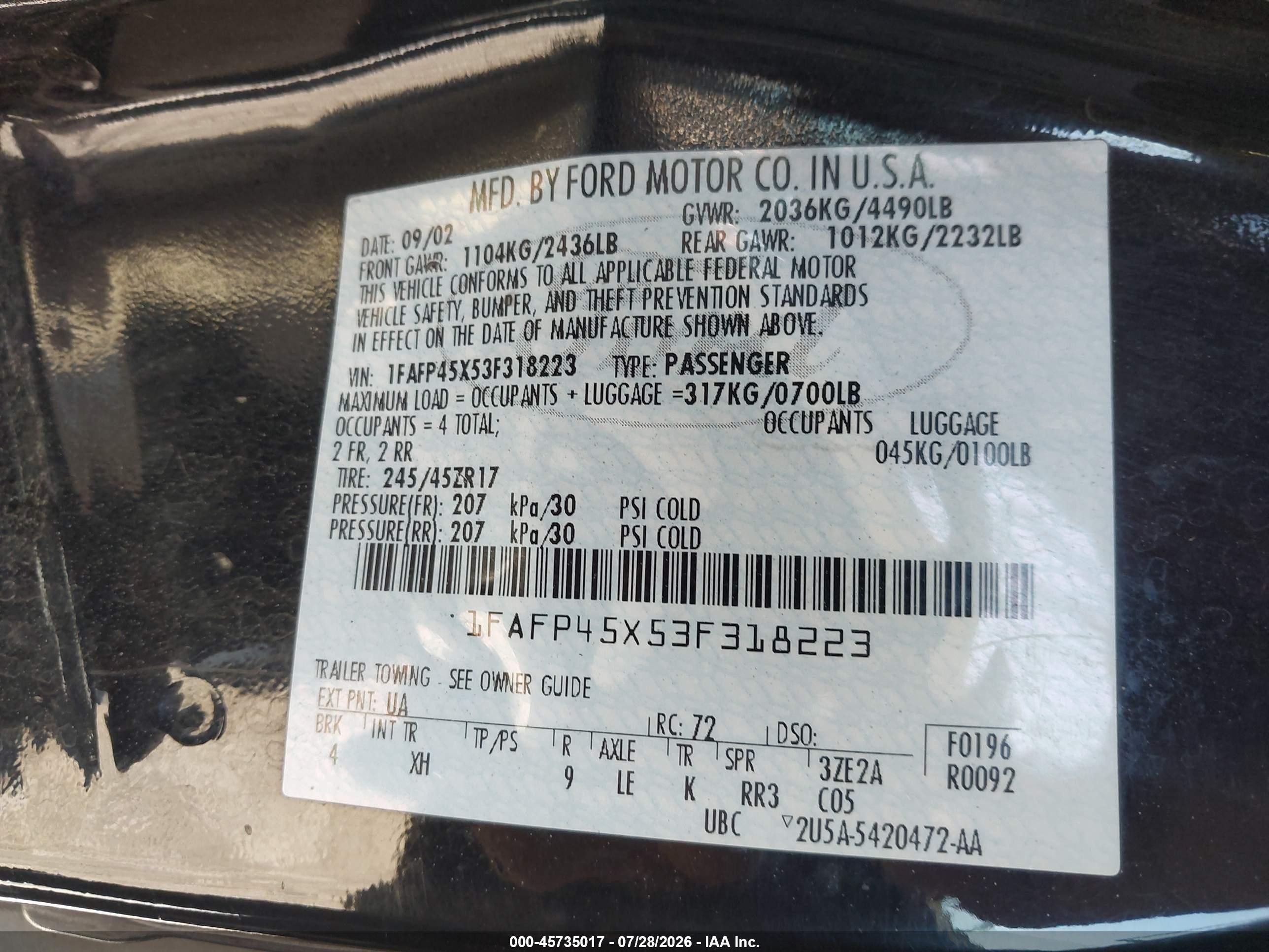 2003 Ford Mustang Gt Black vin: 1FAFP45X53F318223