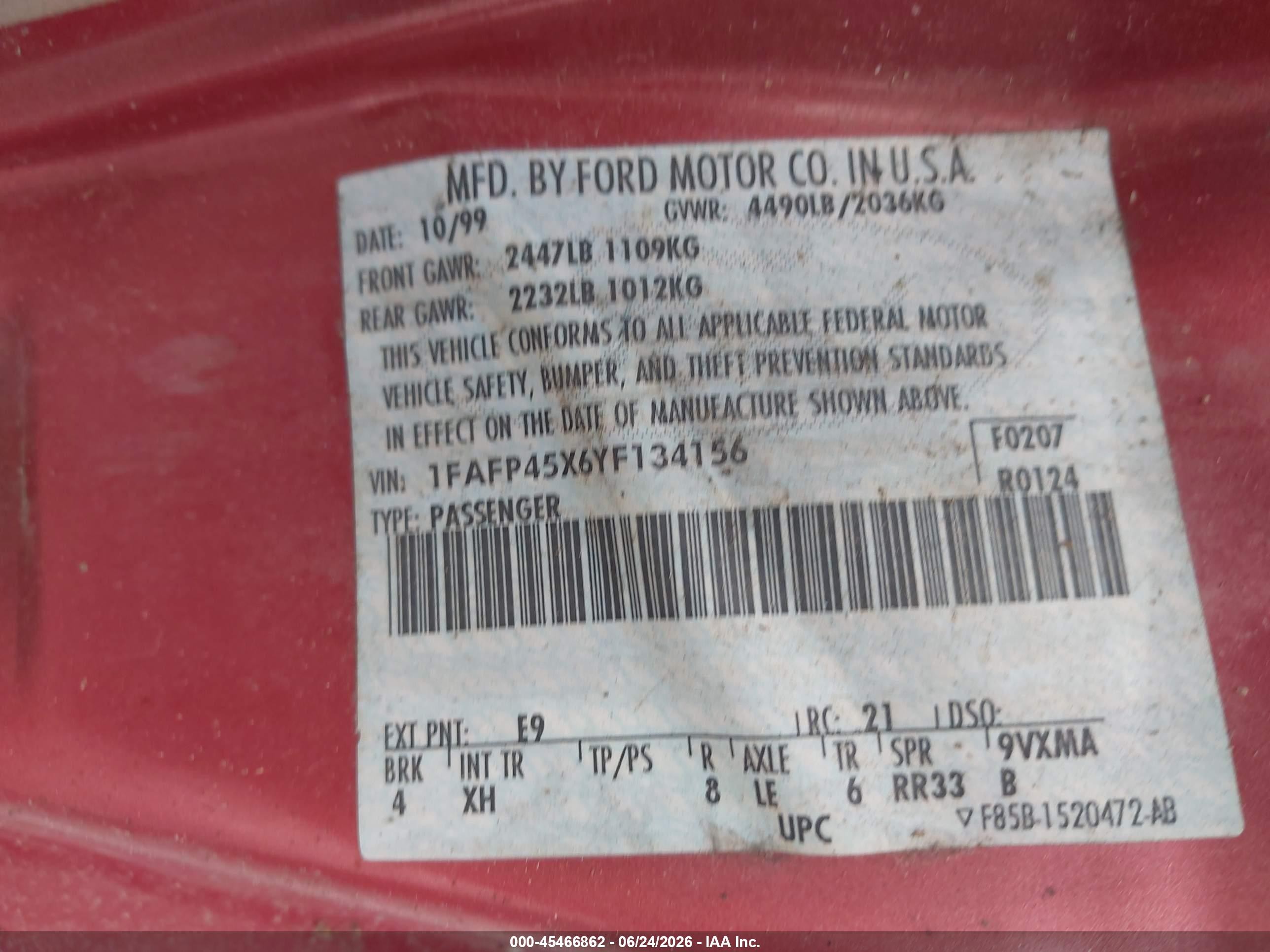 2000 Ford Mustang Gt Red vin: 1FAFP45X6YF134156