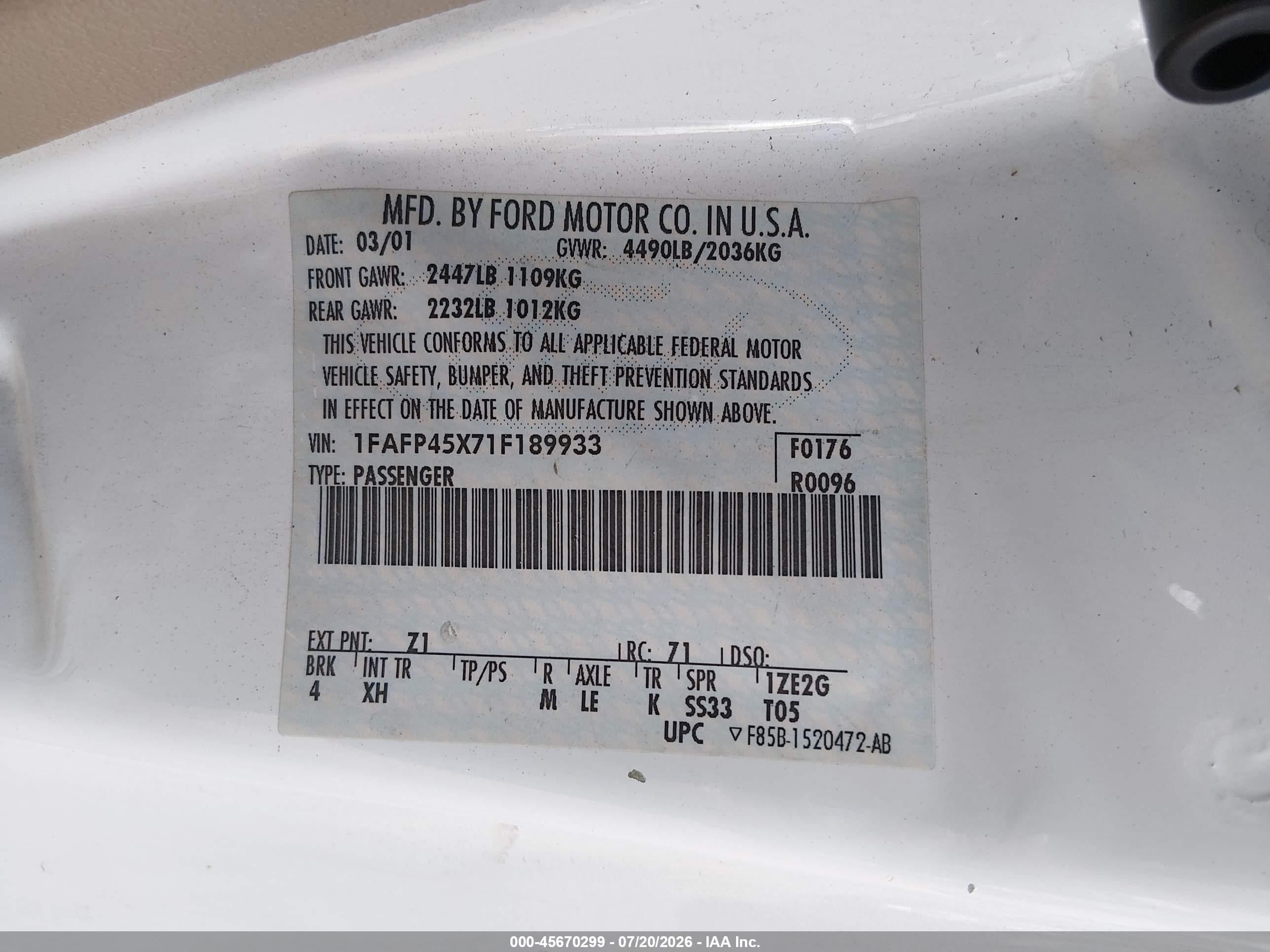 2001 Ford Mustang Gt White vin: 1FAFP45X71F189933