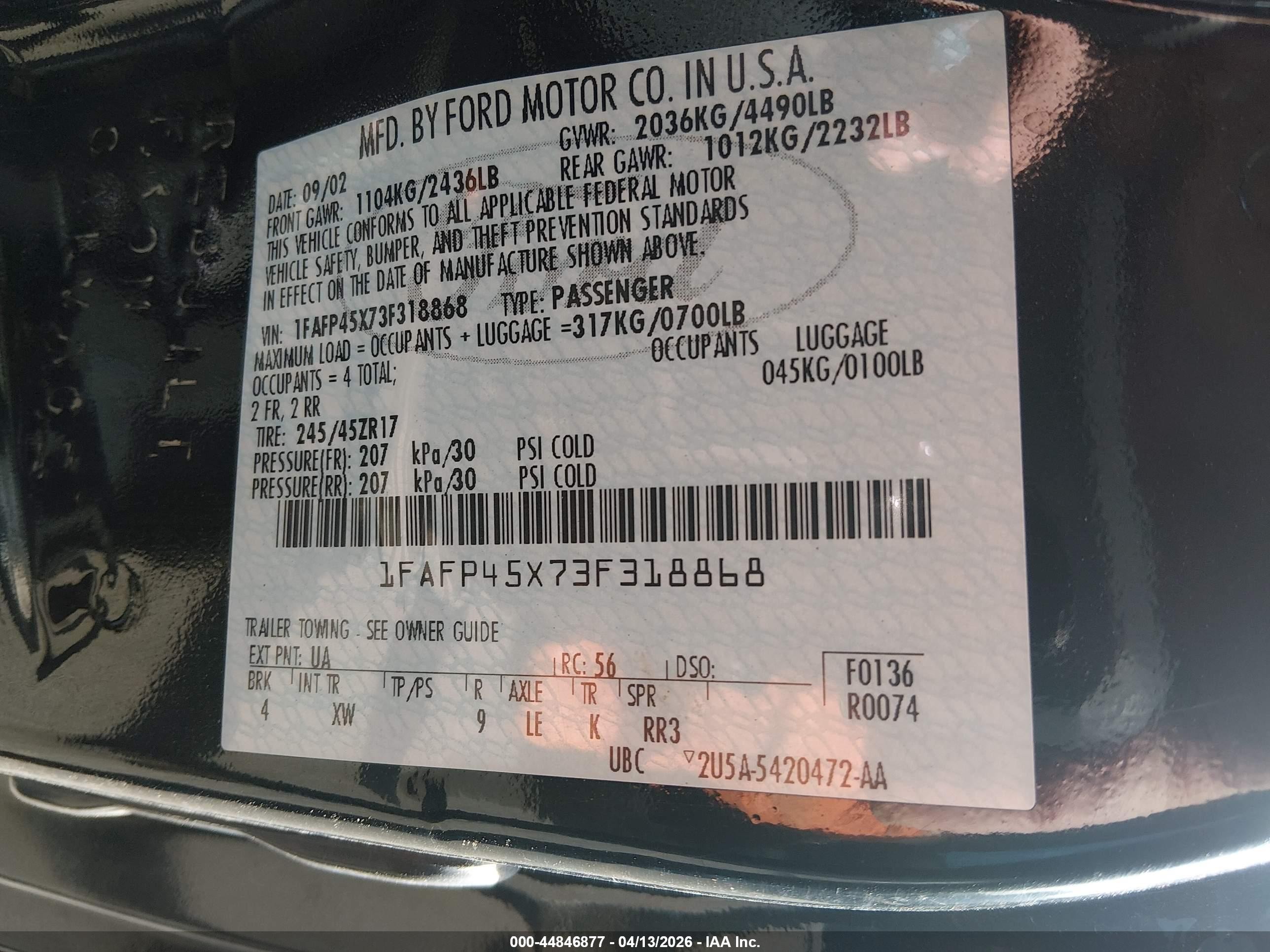 2003 Ford Mustang Gt Black vin: 1FAFP45X73F318868