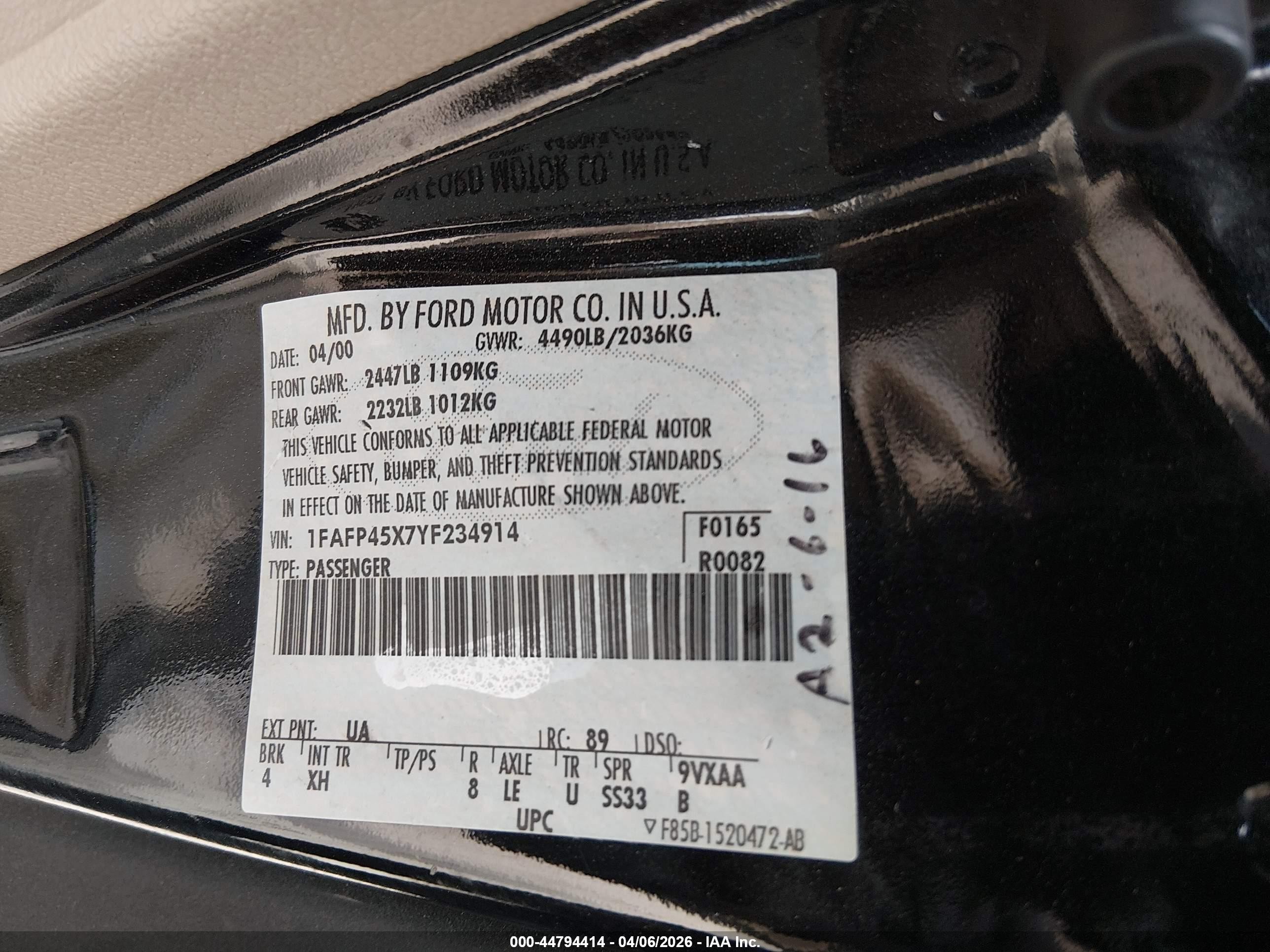2000 Ford Mustang Gt Черный vin: 1FAFP45X7YF234914