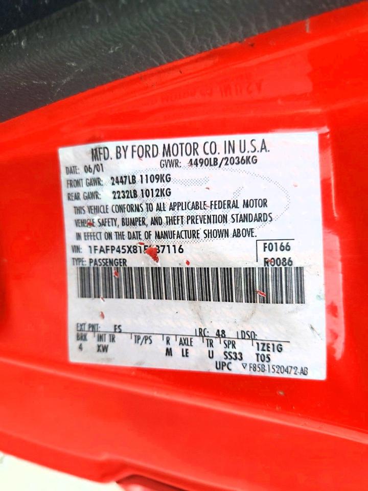 2001 Ford Mustang Gt Red vin: 1FAFP45X81F237116