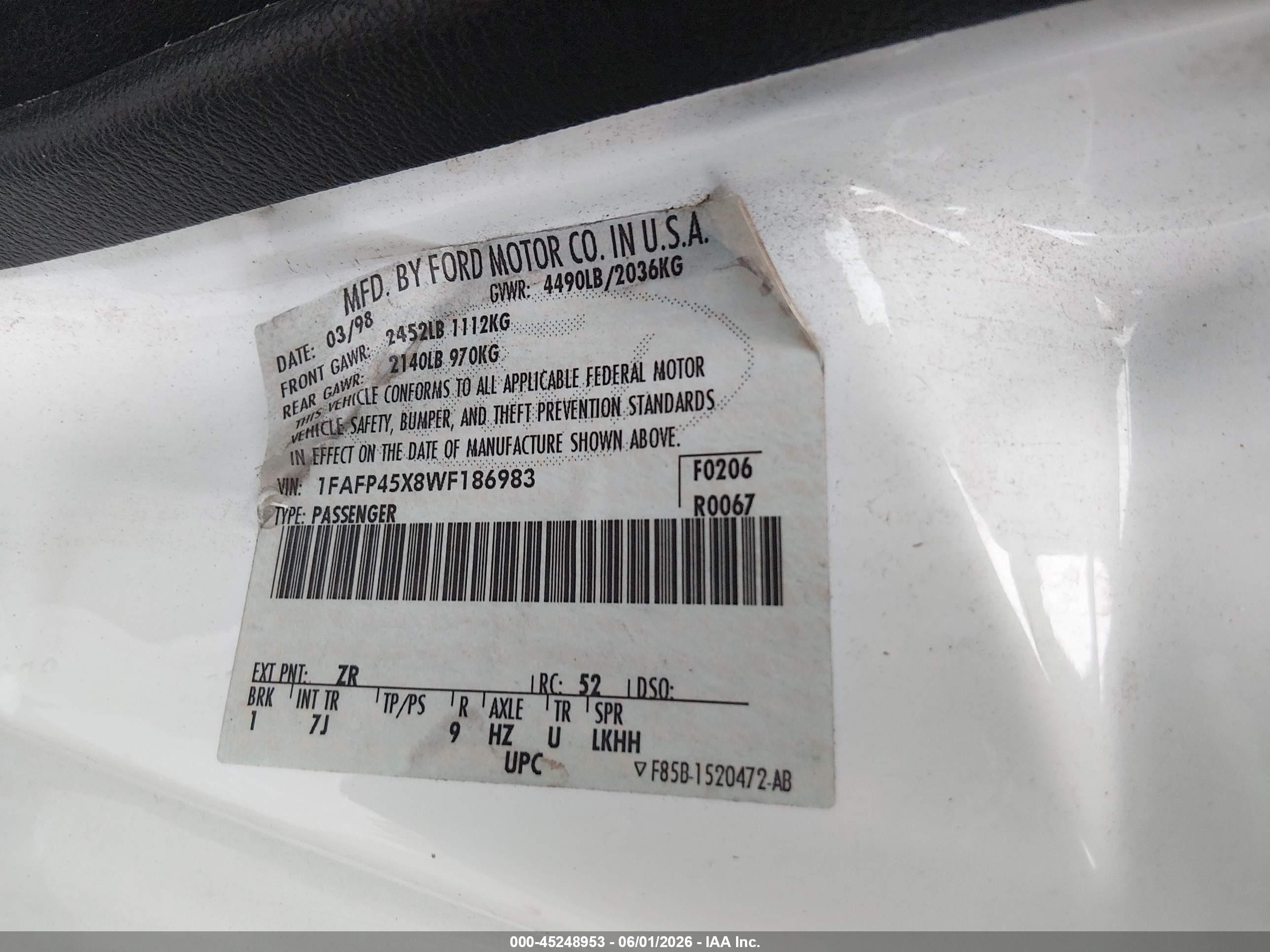 1998 Ford Mustang Gt White vin: 1FAFP45X8WF186983