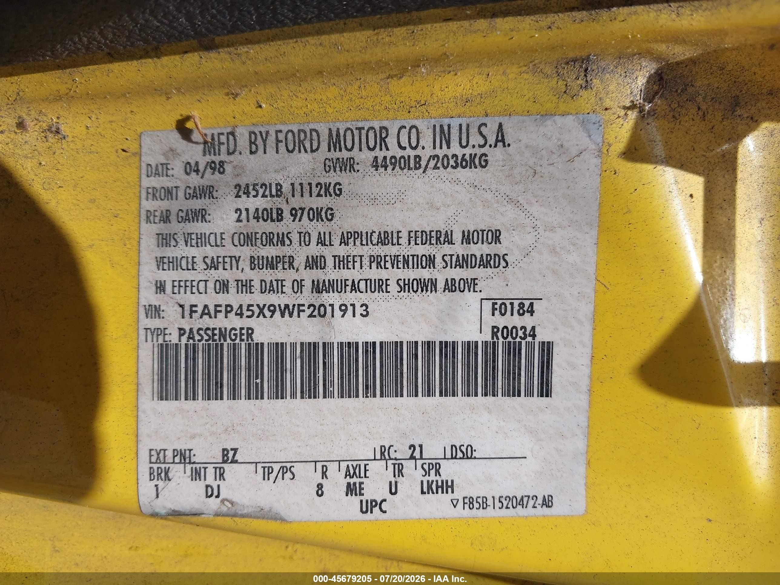1998 Ford Mustang Gt Yellow vin: 1FAFP45X9WF201913