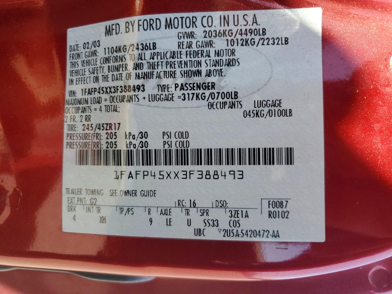 2003 Ford Mustang Gt Red vin: 1FAFP45XX3F388493