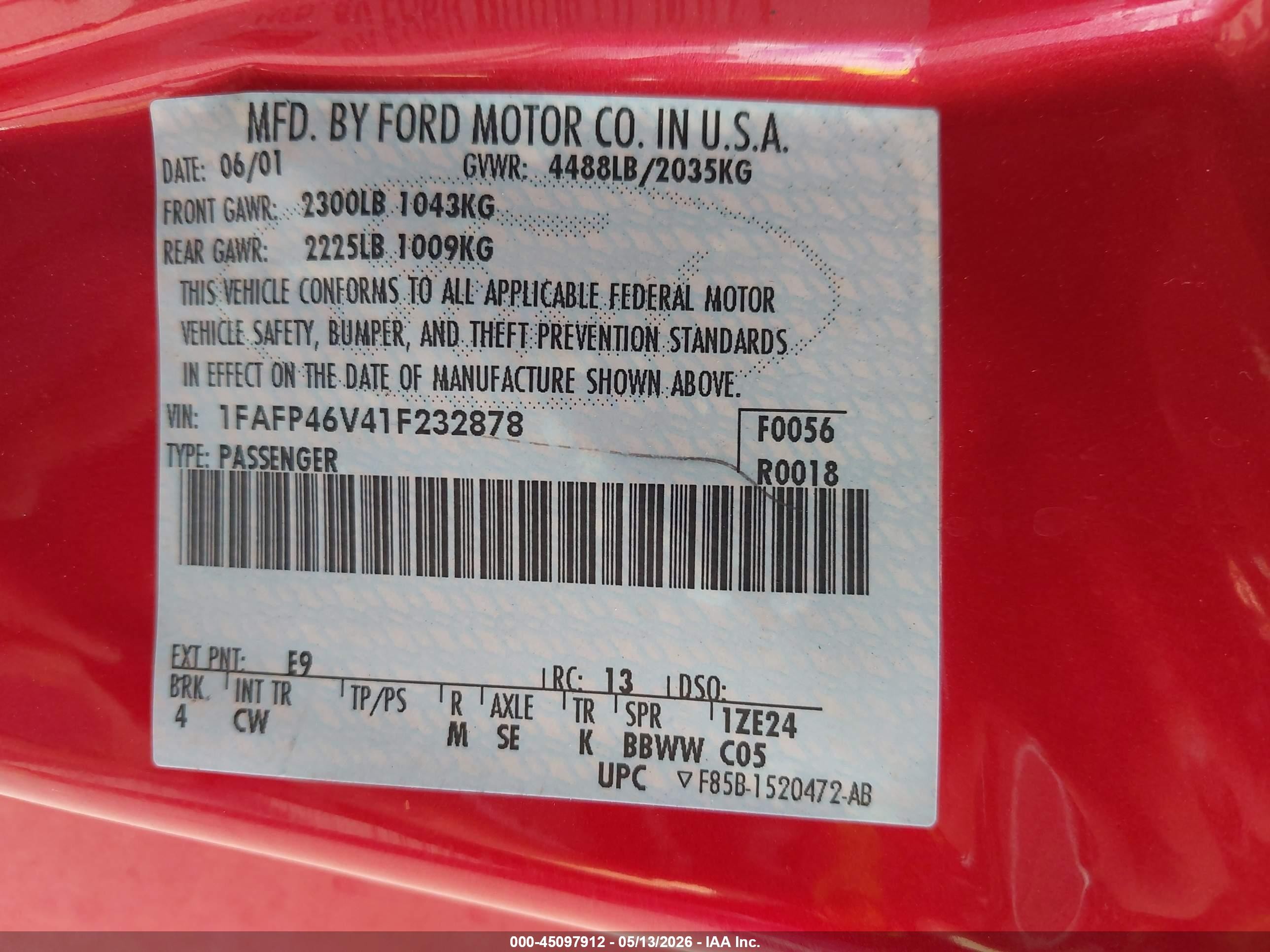 2001 Ford Mustang Cobra Red vin: 1FAFP46V41F232878