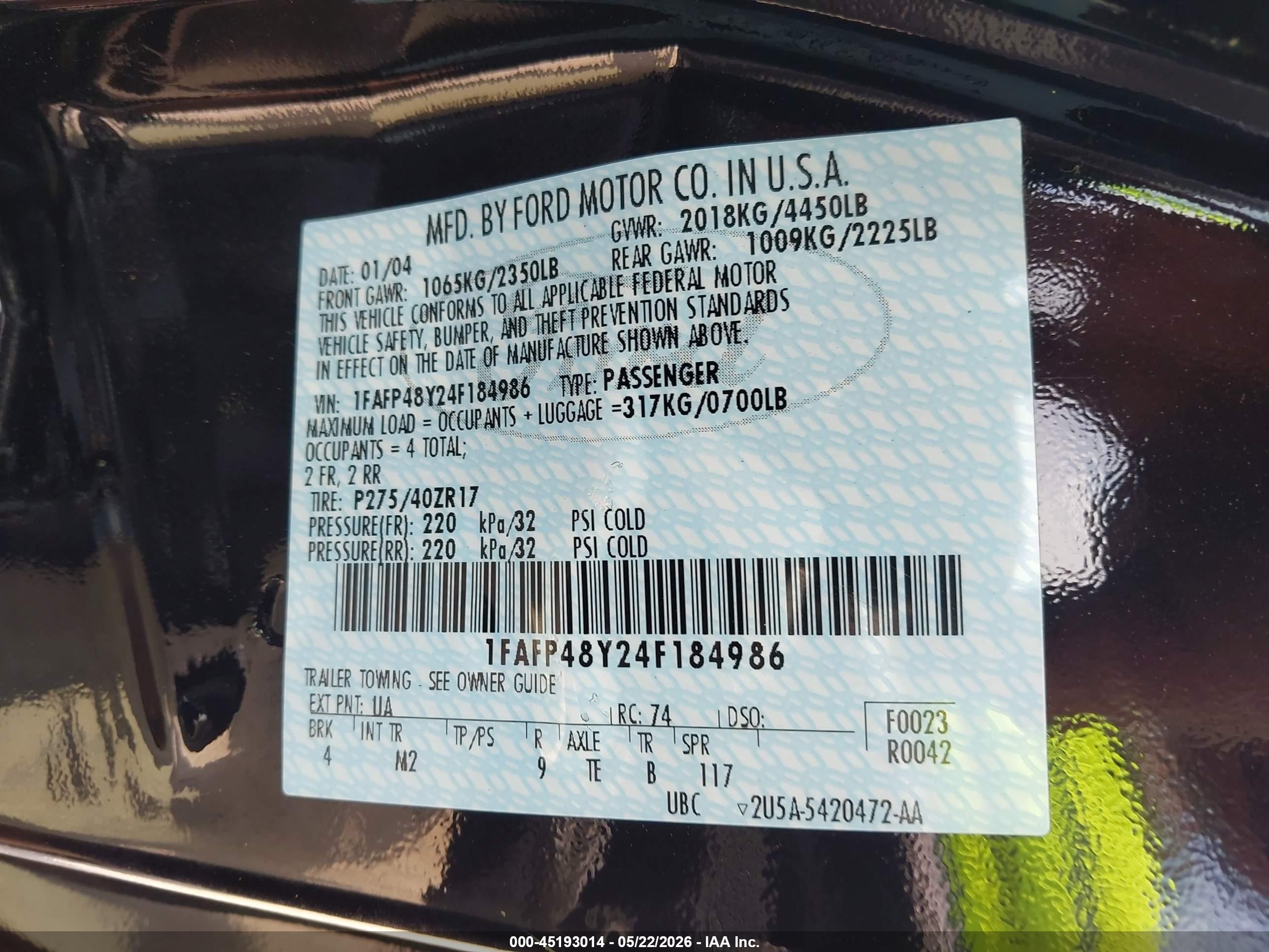 2004 Ford Mustang Cobra Черный vin: 1FAFP48Y24F184986