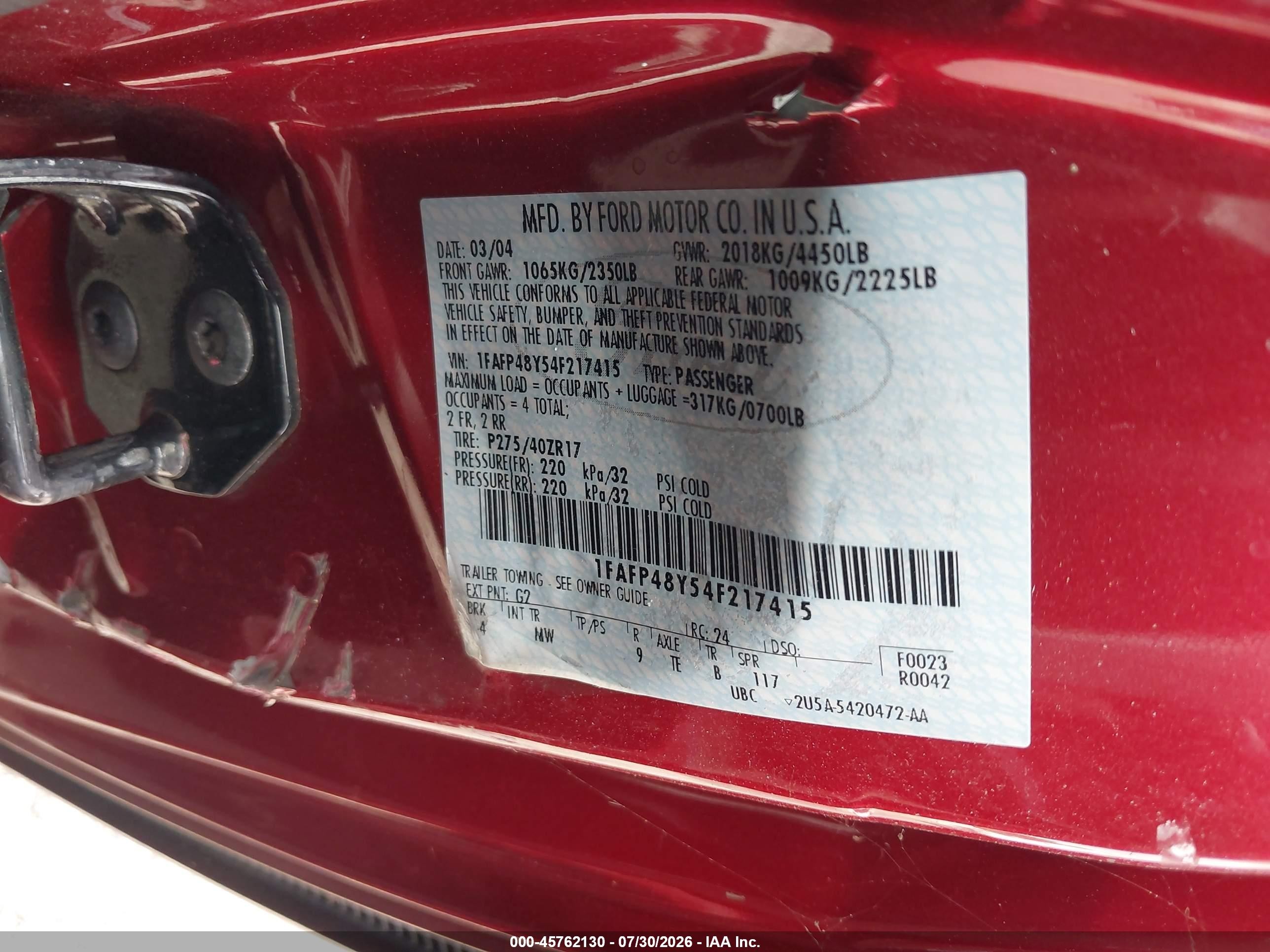 2004 Ford Mustang Cobra Красный vin: 1FAFP48Y54F217415