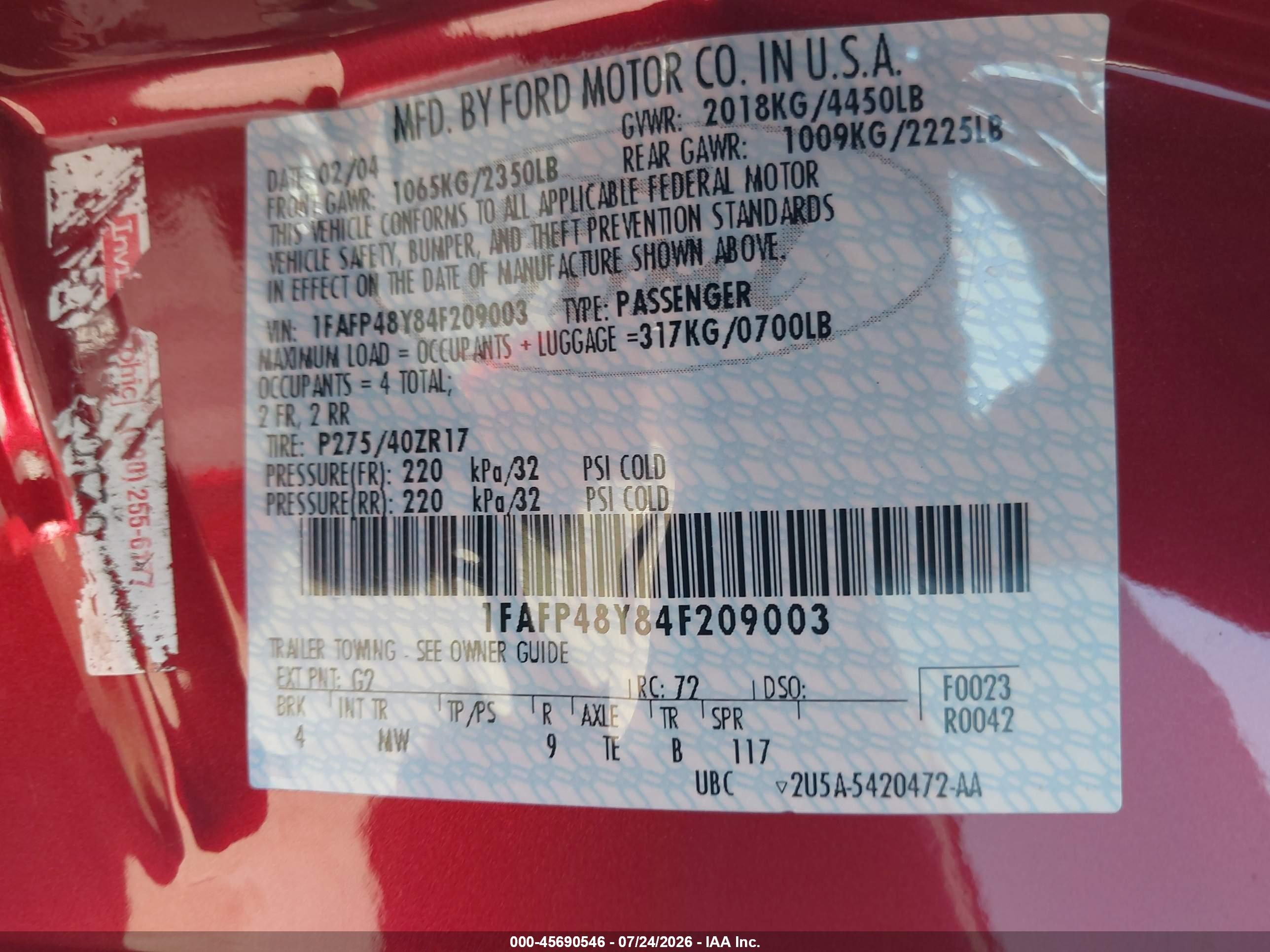 2004 Ford Mustang Cobra Red vin: 1FAFP48Y84F209003