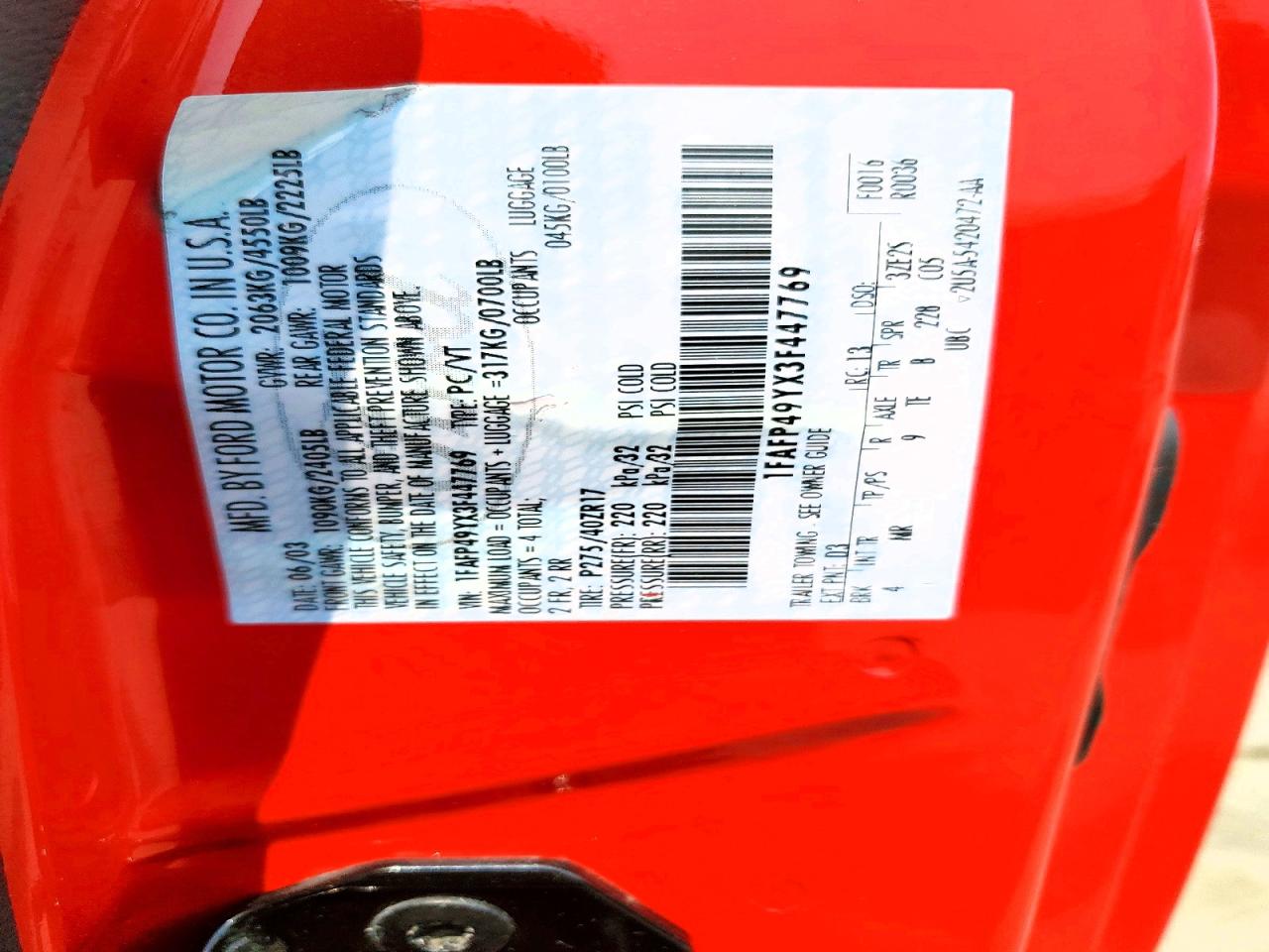 2003 Ford Mustang Cobra Svt Red vin: 1FAFP49YX3F447769