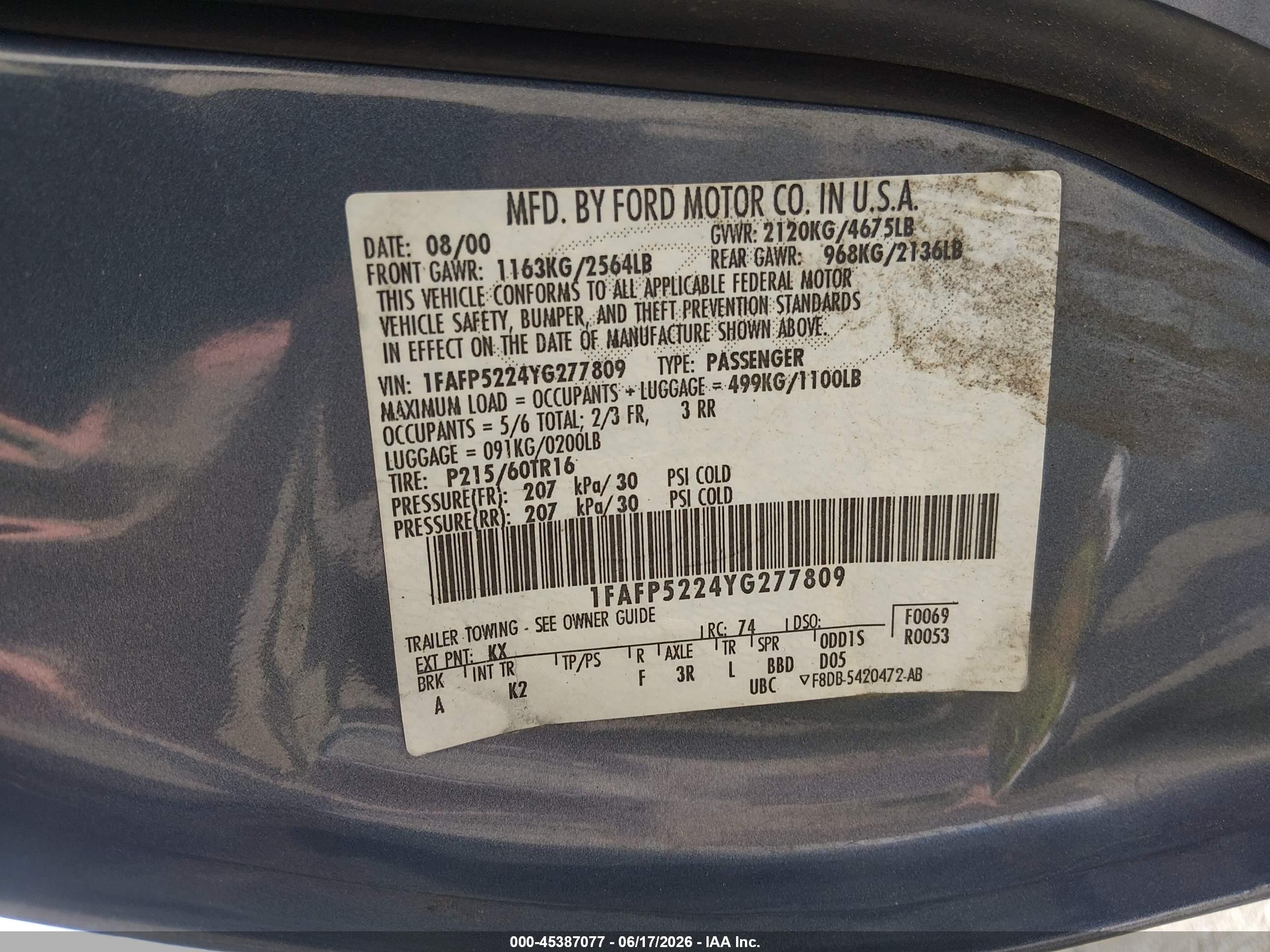 2000 Ford Taurus Lx Blue vin: 1FAFP5224YG277809