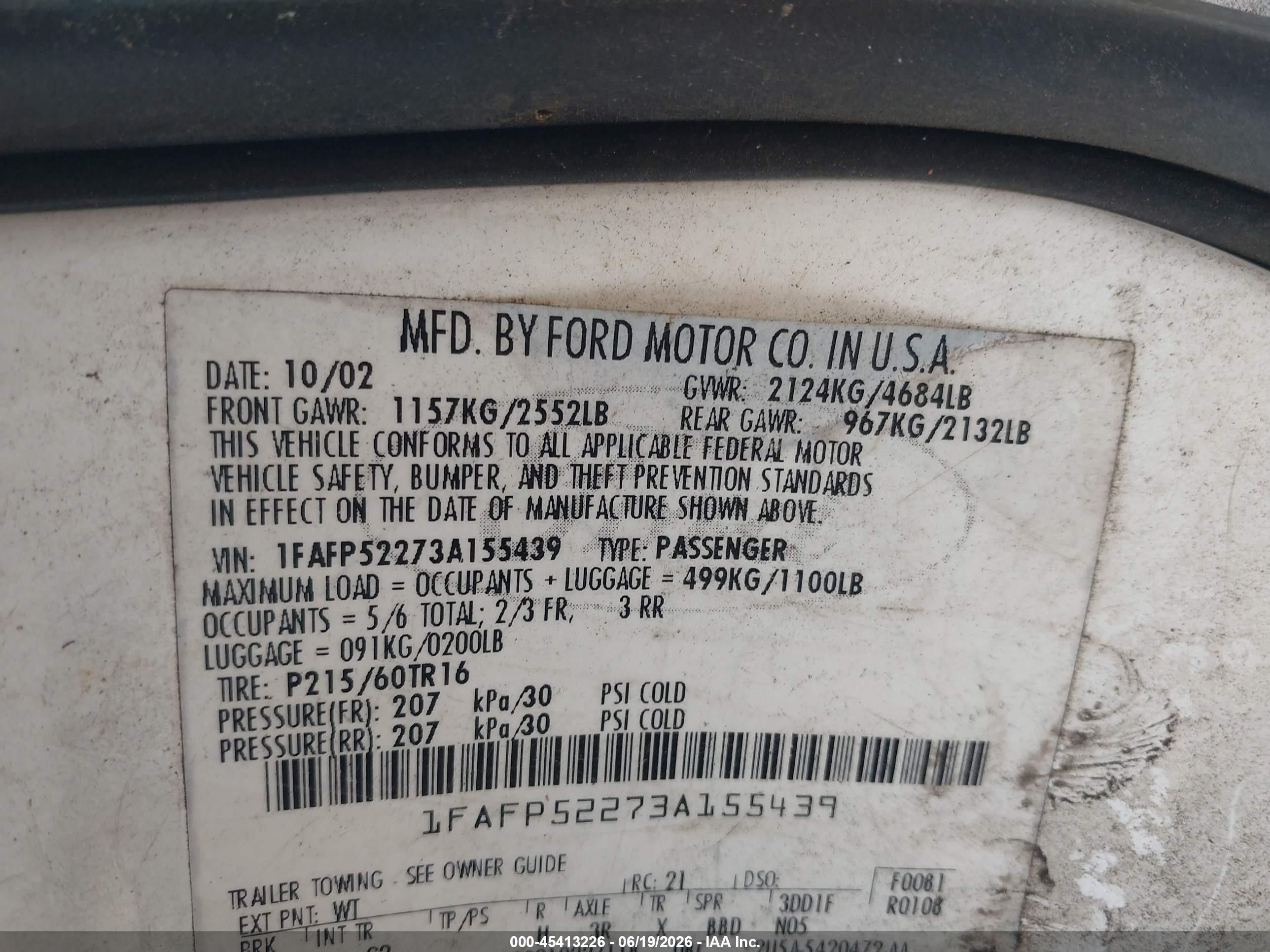 2003 Ford Taurus Lx White vin: 1FAFP52273A155439