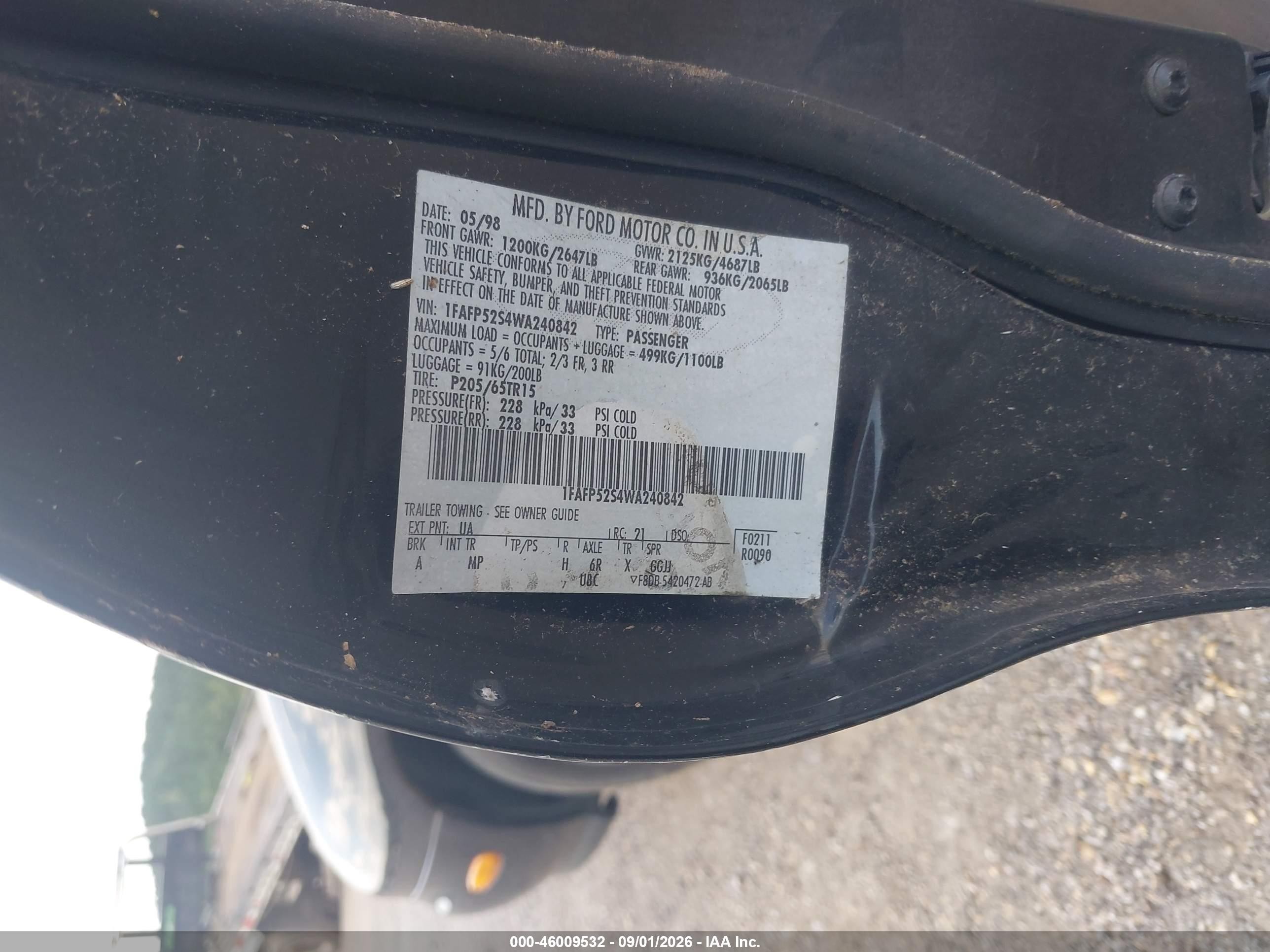 1998 Ford Taurus Lx/se Black vin: 1FAFP52S4WA240842