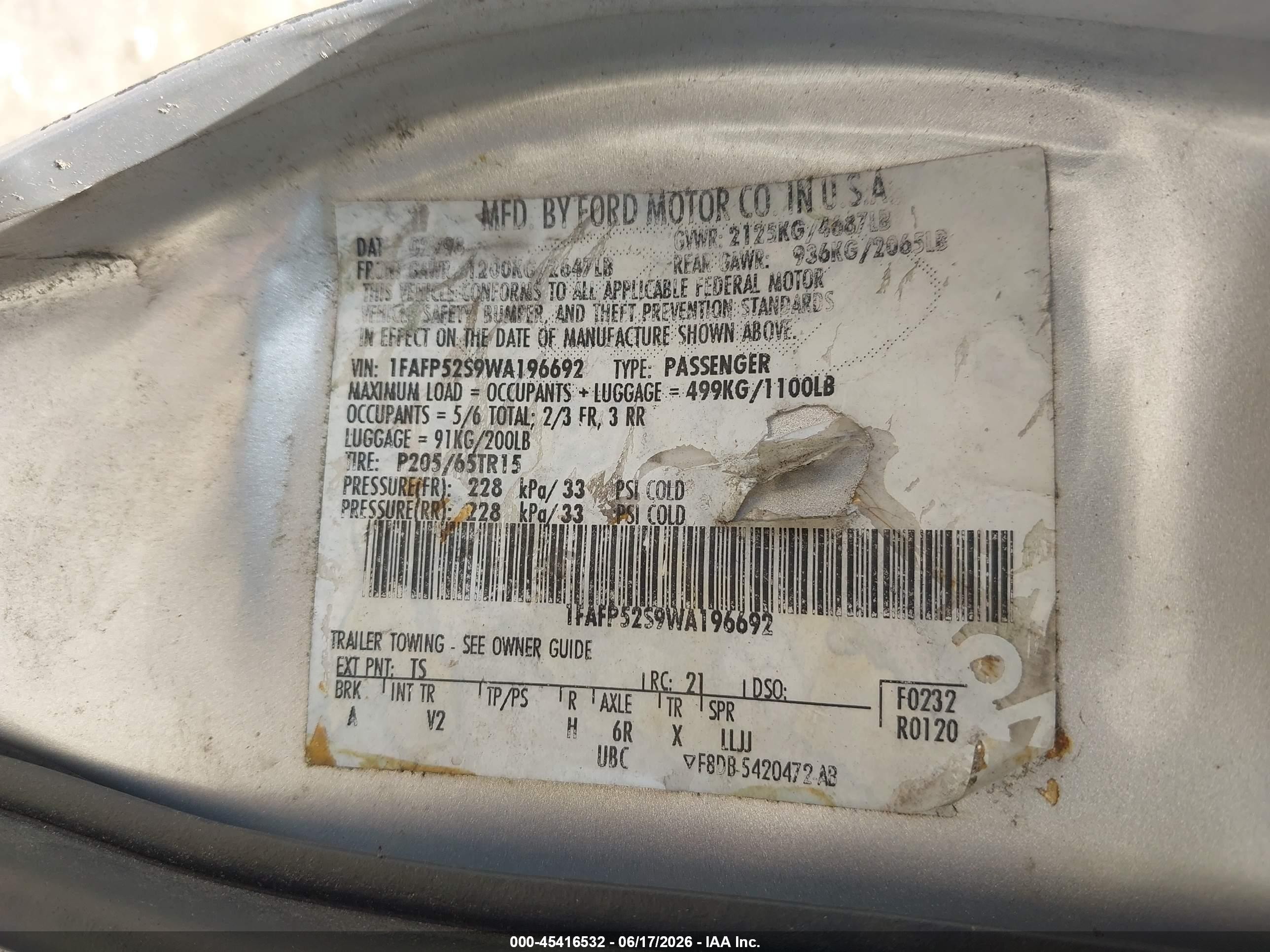 1998 Ford Taurus Lx/se Silver vin: 1FAFP52S9WA196692