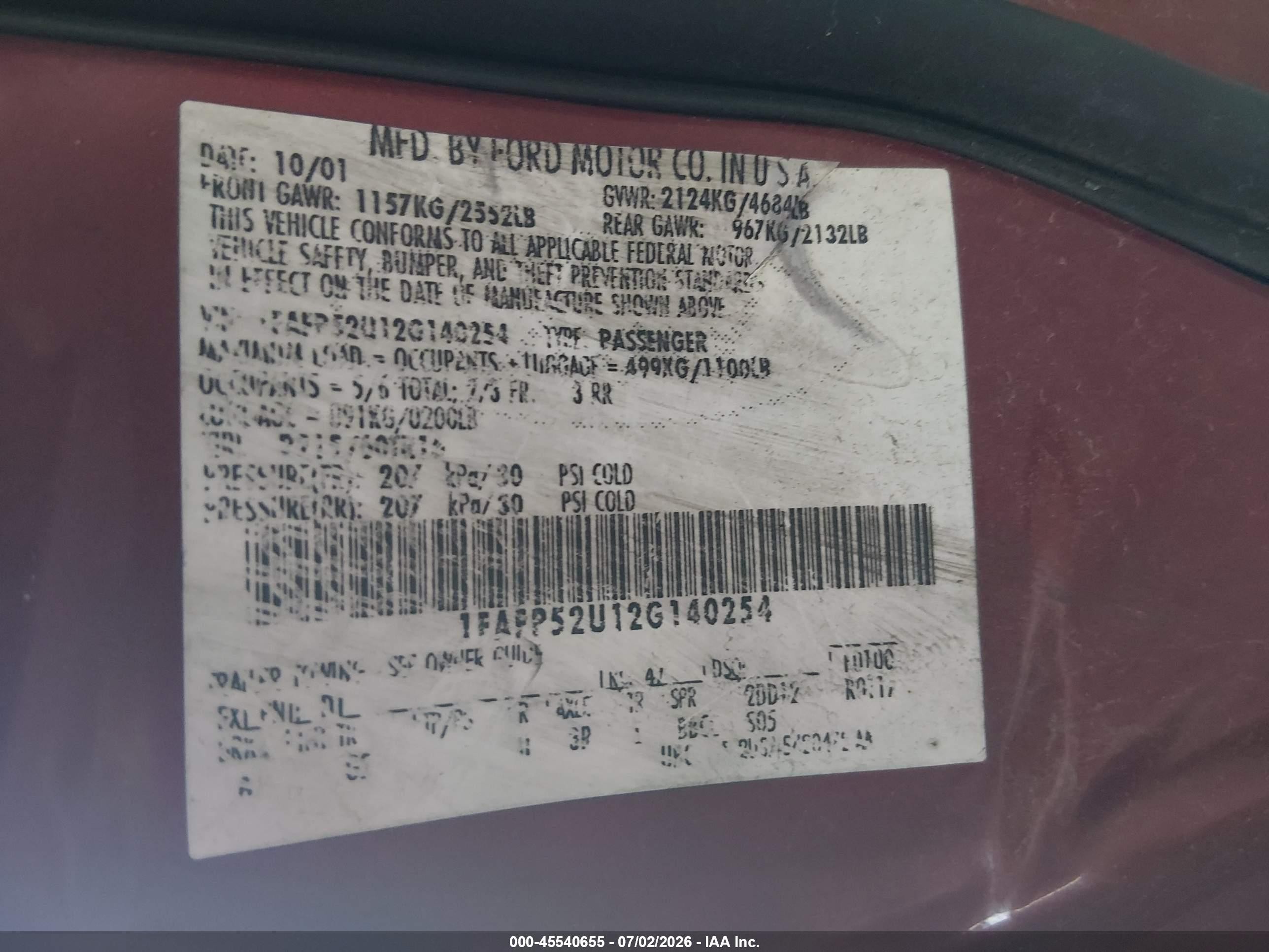 2002 Ford Taurus Lx Standard Red vin: 1FAFP52U12G140254