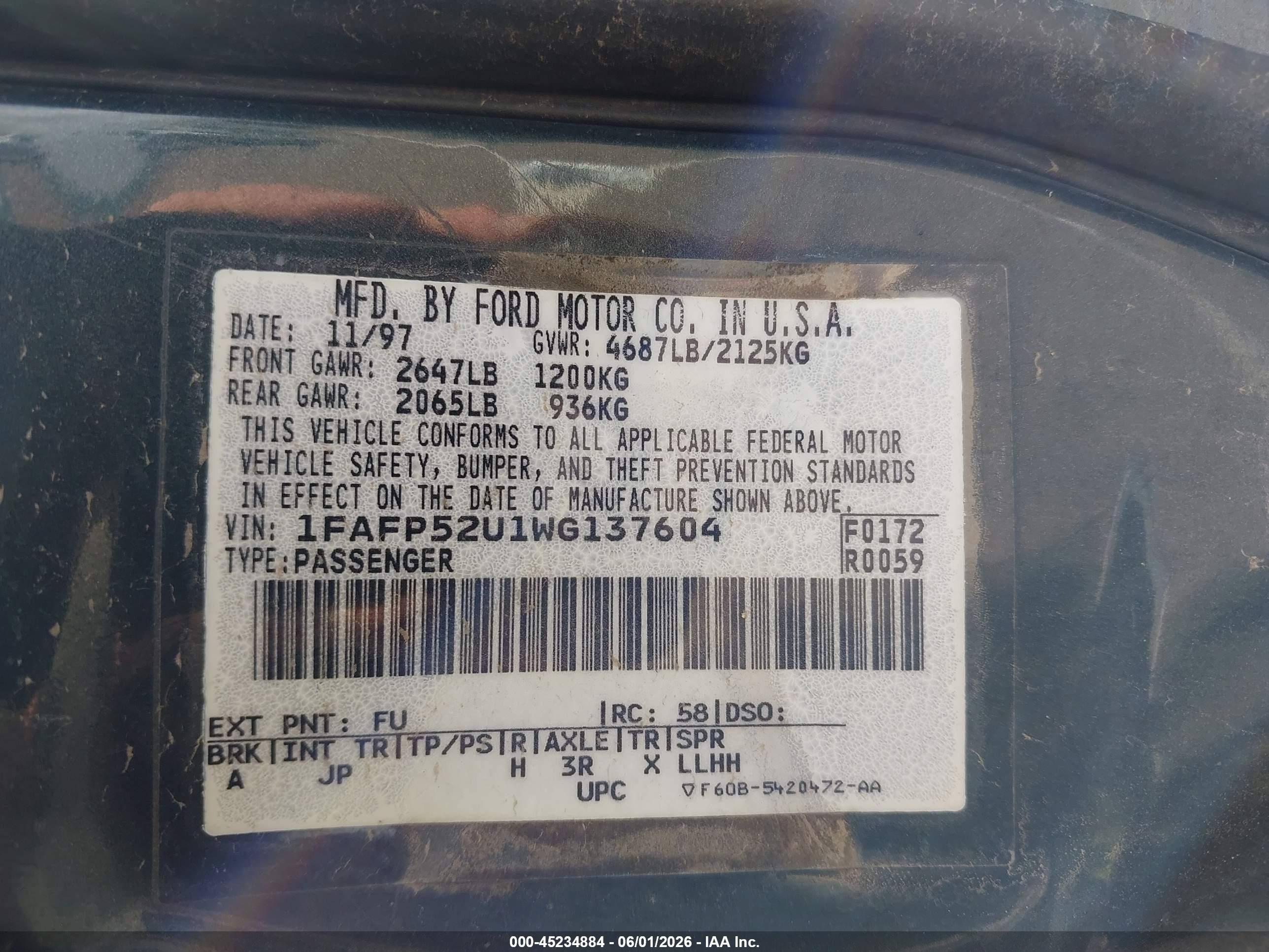 1998 Ford Taurus Lx/se Зеленый vin: 1FAFP52U1WG137604