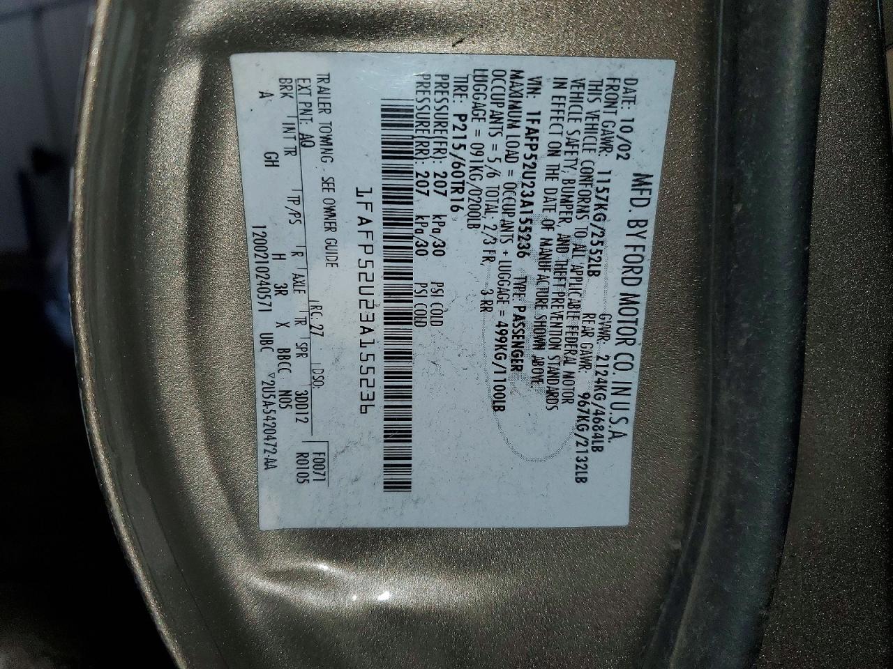 2003 Ford Taurus Lx Gold vin: 1FAFP52U23A155236