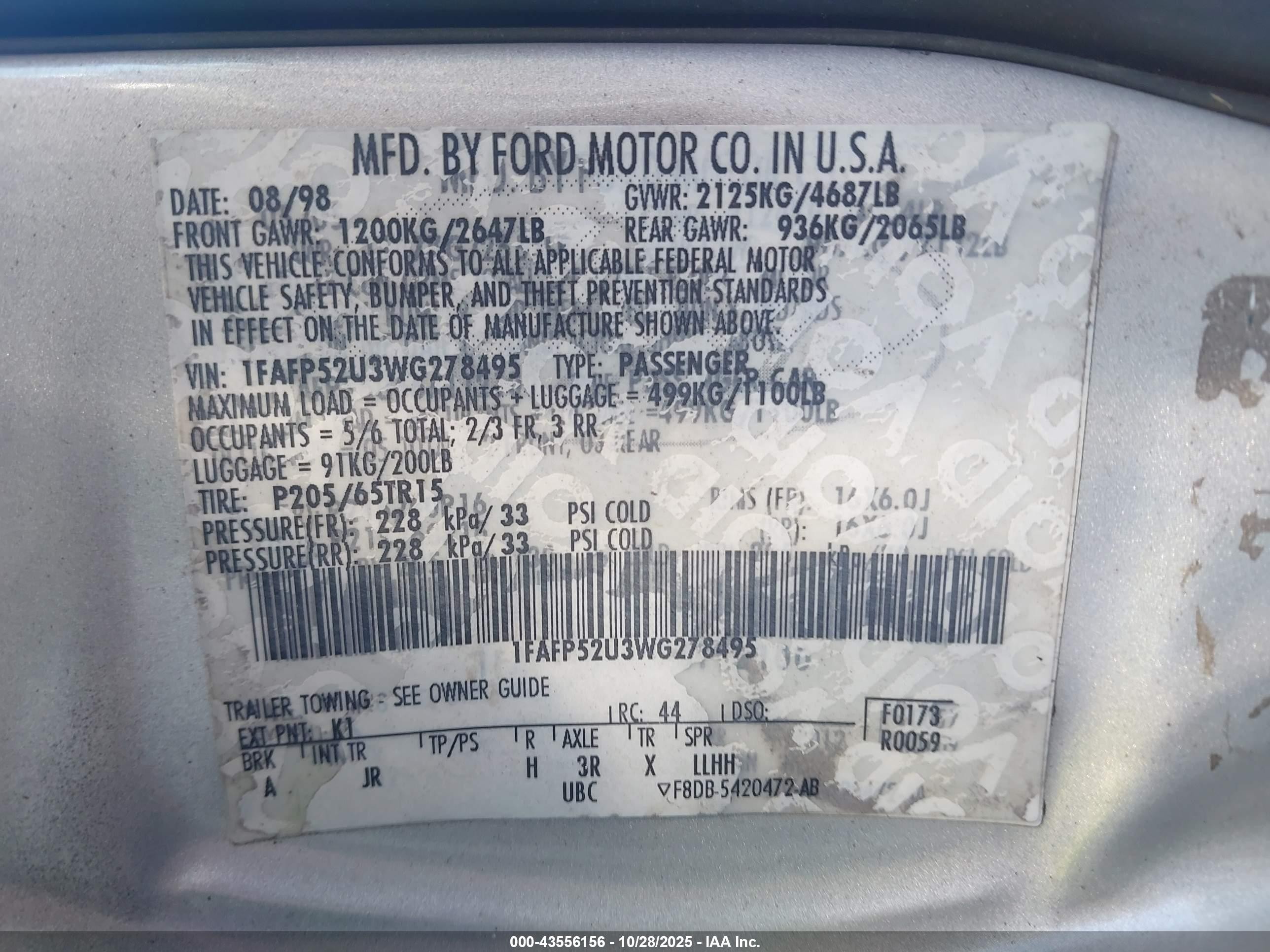 1998 Ford Taurus Lx/se Blue vin: 1FAFP52U3WG278495
