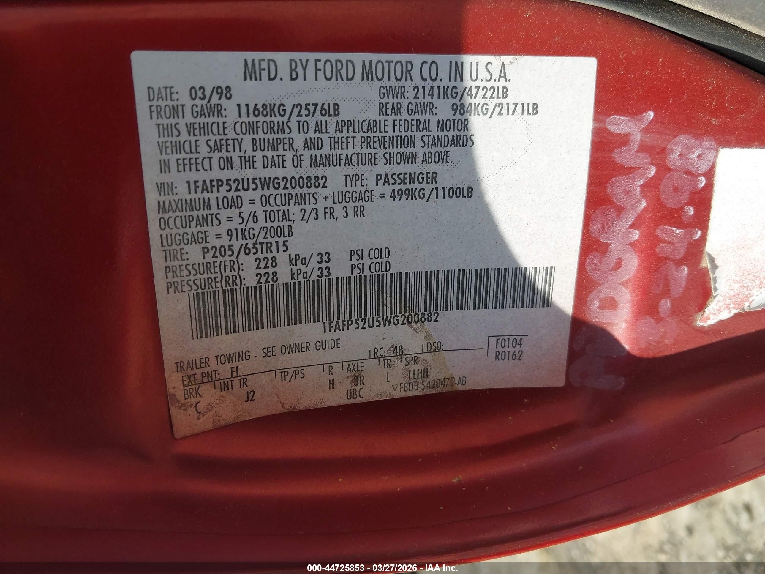 1998 Ford Taurus Lx/se Red vin: 1FAFP52U5WG200882