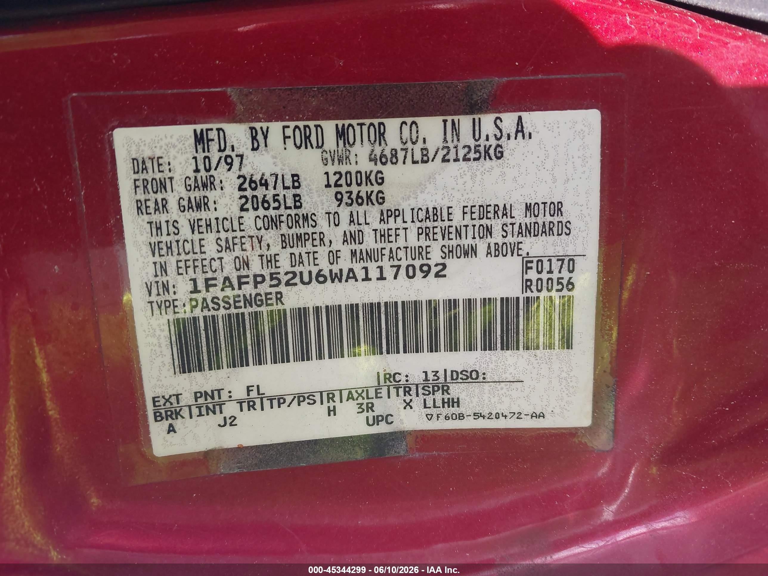 1998 Ford Taurus Lx/se Red vin: 1FAFP52U6WA117092