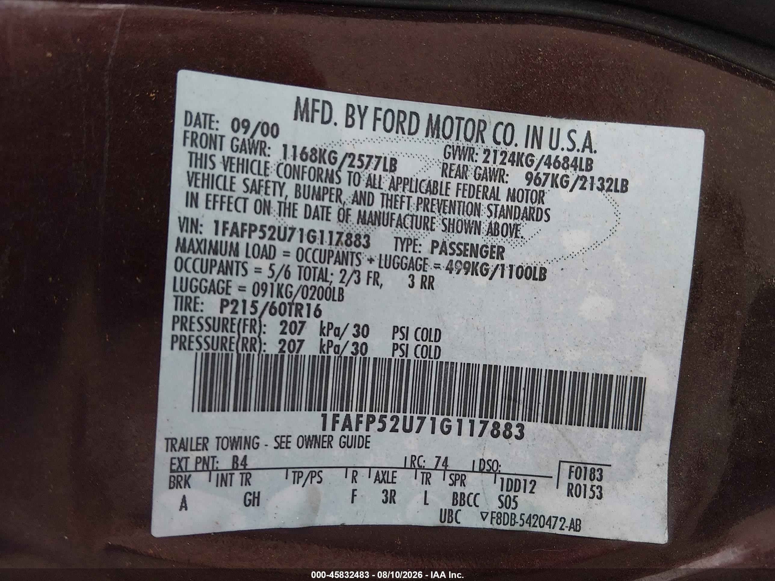 2001 Ford Taurus Lx Maroon vin: 1FAFP52U71G117883