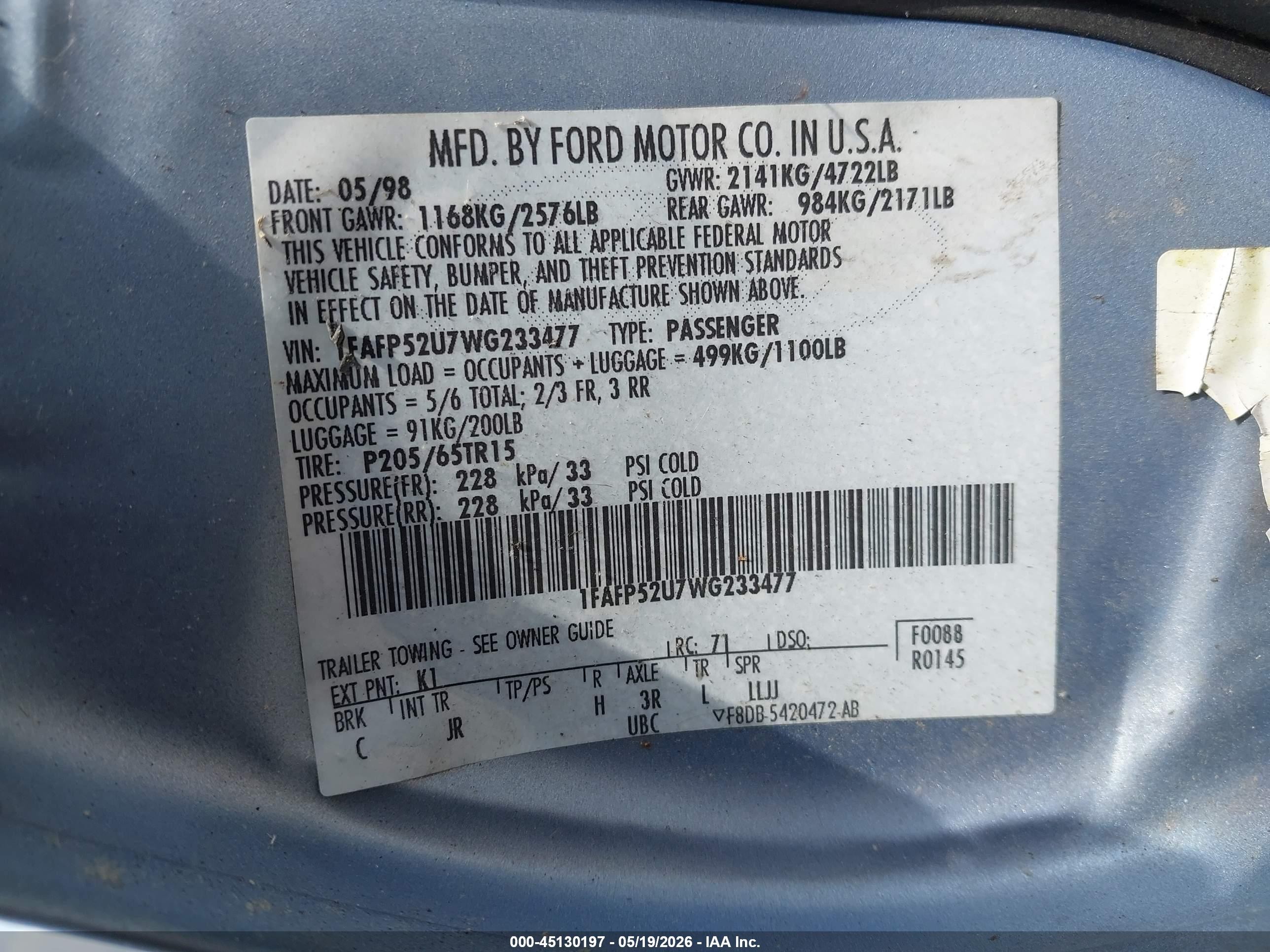 1998 Ford Taurus Lx/se Light Blue vin: 1FAFP52U7WG233477