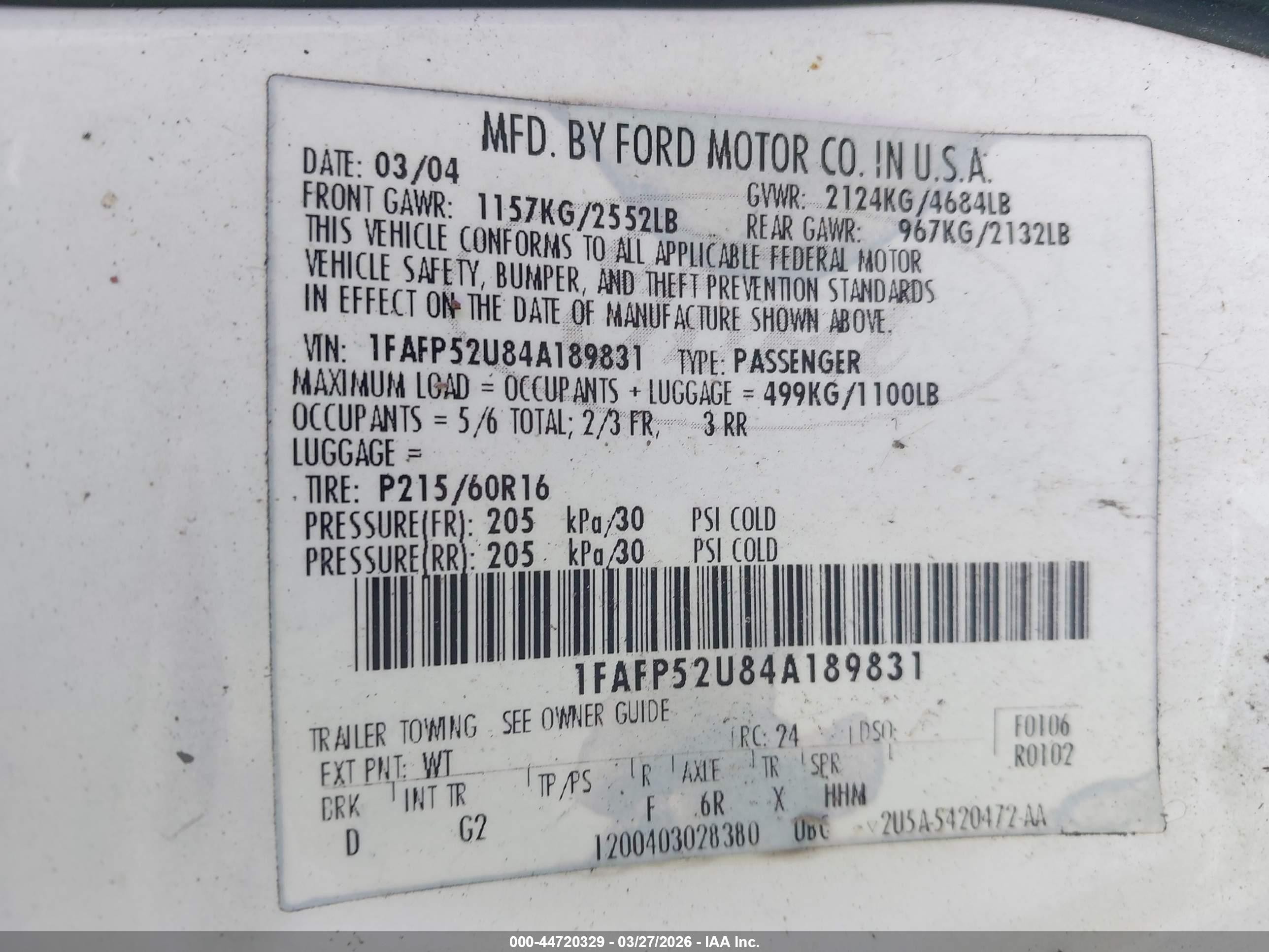 2004 Ford Taurus Lx White vin: 1FAFP52U84A189831