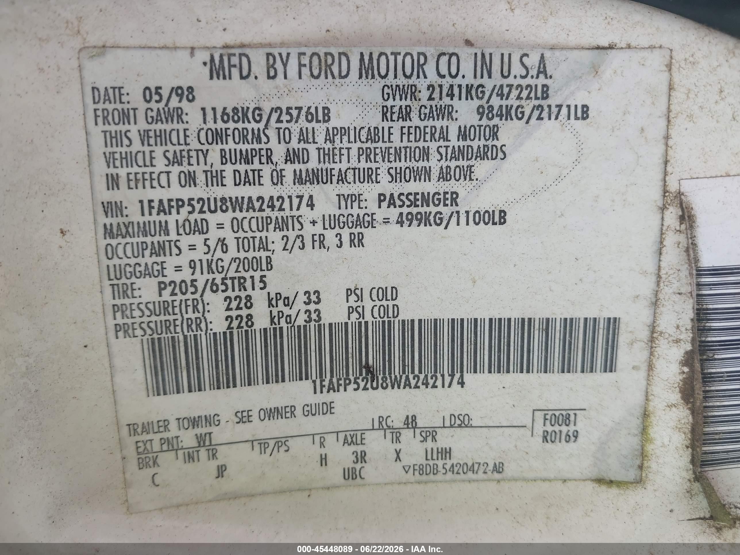 1998 Ford Taurus Lx/se White vin: 1FAFP52U8WA242174
